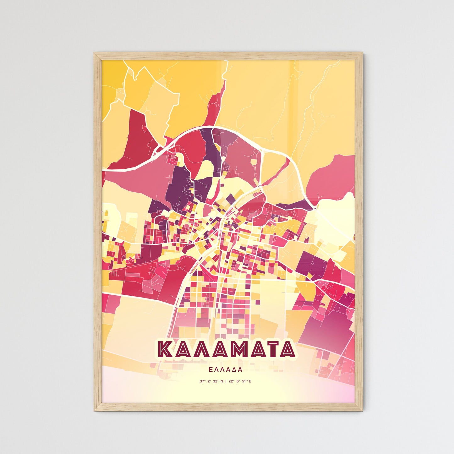 Colorful KALAMATA GREECE Fine Art Map Hot Red