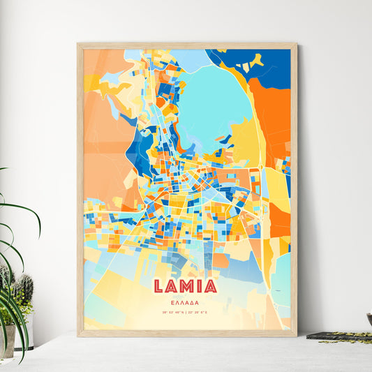 Colorful LAMIA GREECE Fine Art Map Blue Orange