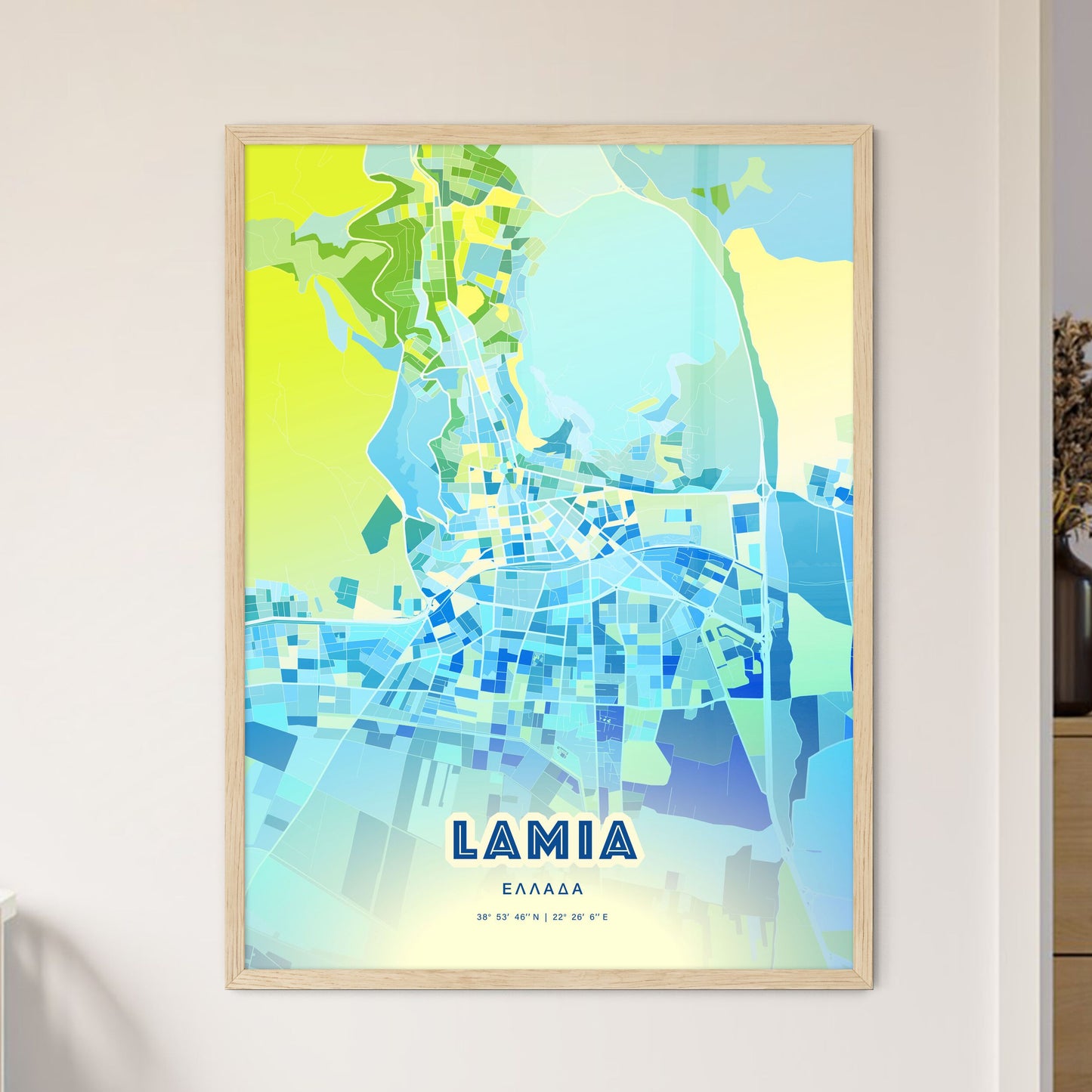 Colorful LAMIA GREECE Fine Art Map Cool Blue