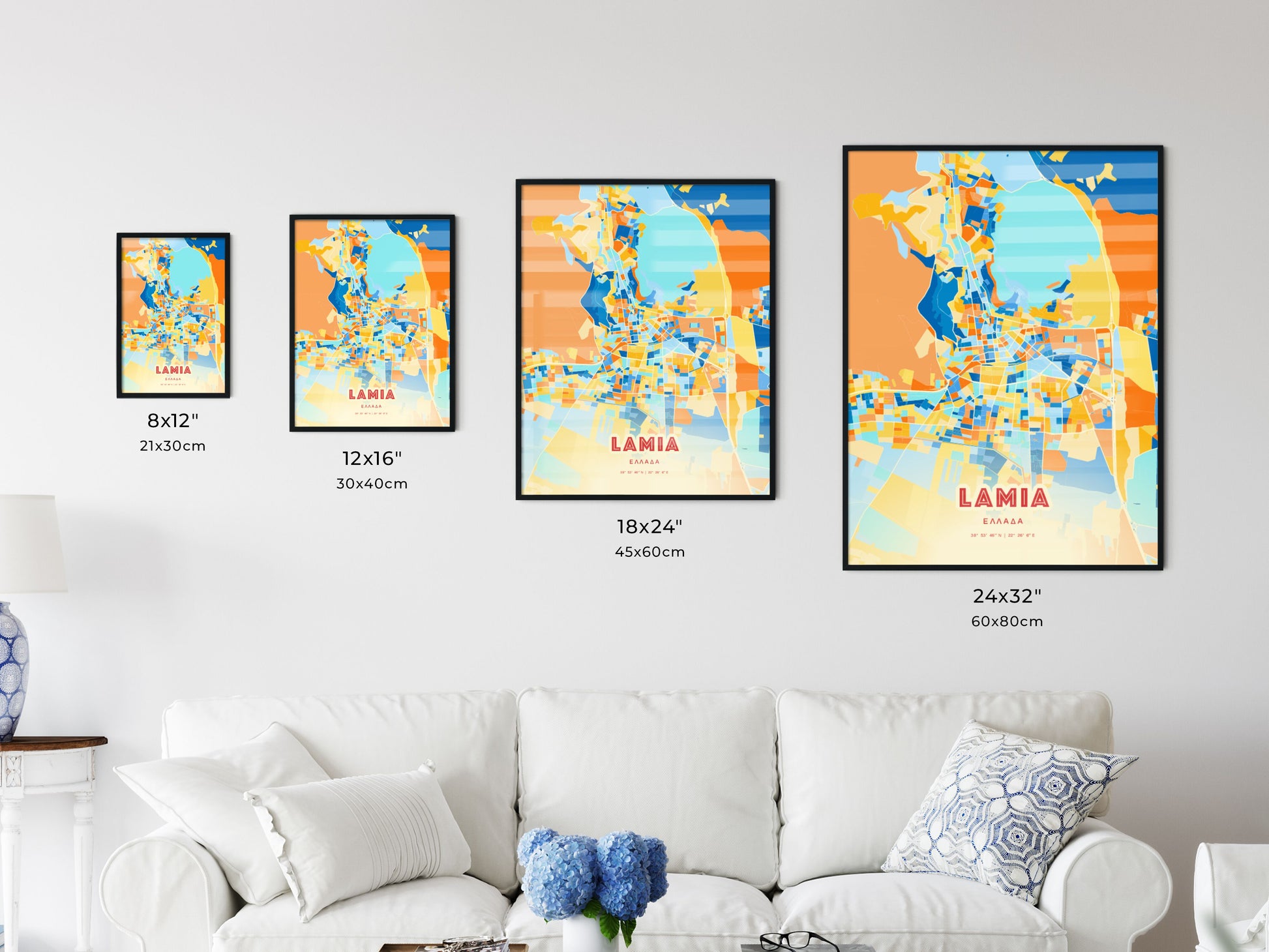 Colorful LAMIA GREECE Fine Art Map Blue Orange