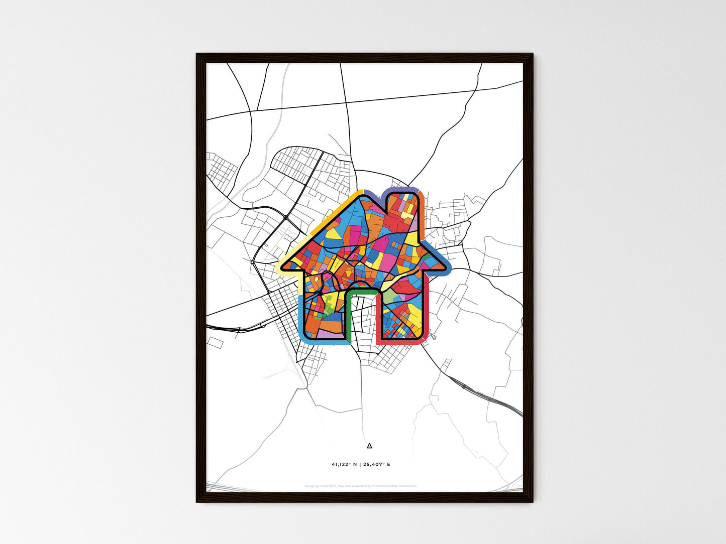 KOMOTINI GREECE minimal art map with a colorful icon. Where it all began, Couple map gift. Style 3
