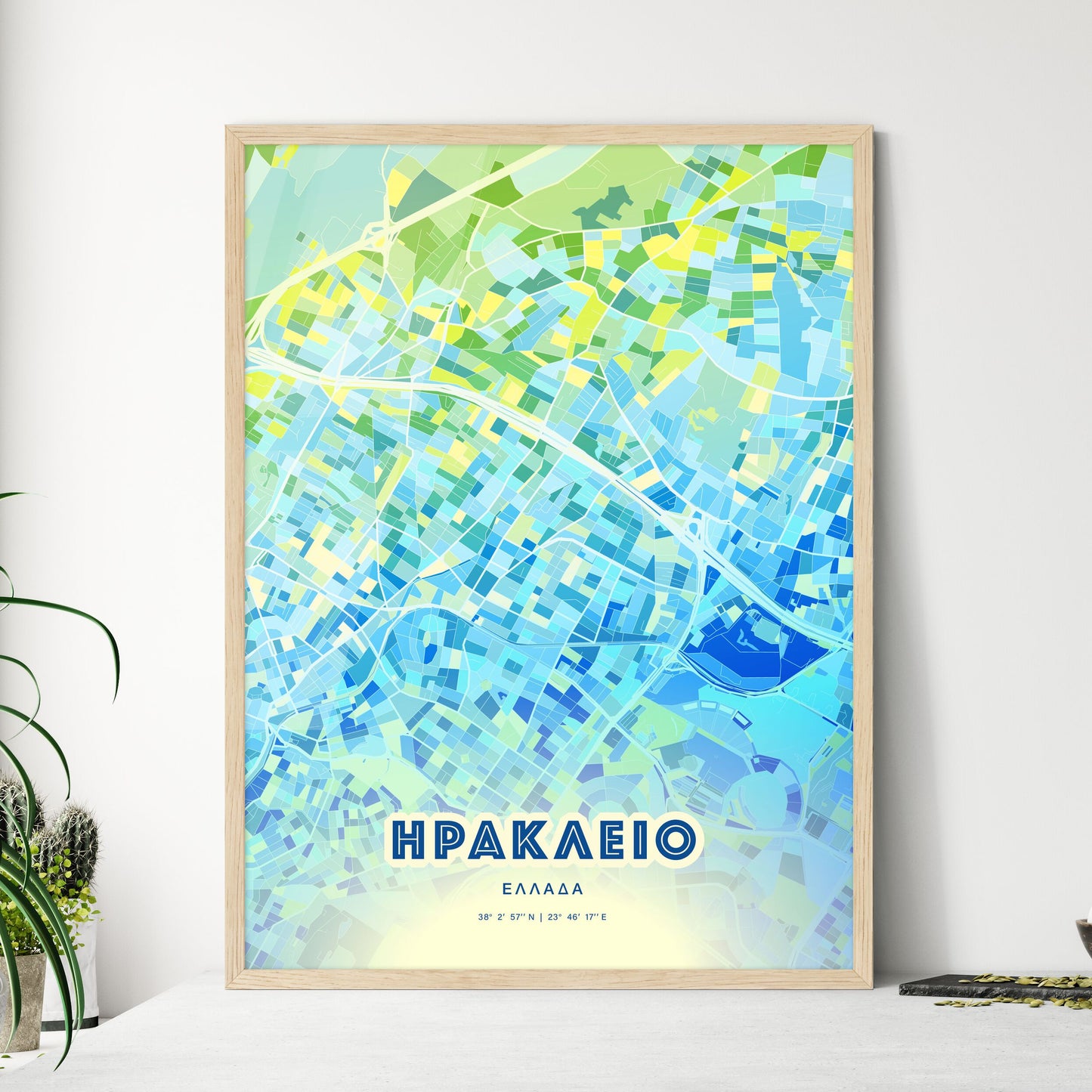 Colorful IRAKLEIO GREECE Fine Art Map Cool Blue