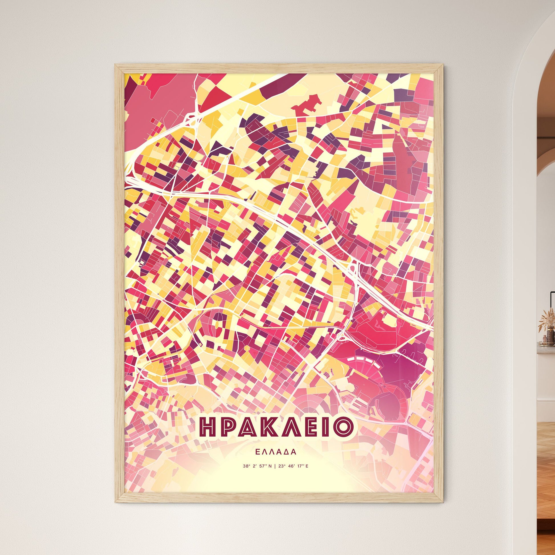 Colorful IRAKLEIO GREECE Fine Art Map Hot Red