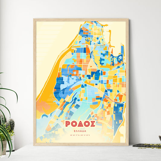 Colorful Rhodes Greece Fine Art Map Blue Orange