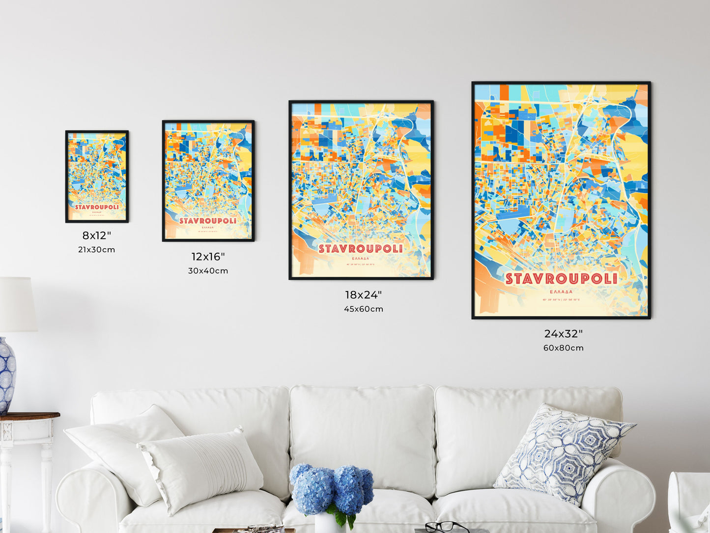 Colorful STAVROUPOLI GREECE Fine Art Map Blue Orange