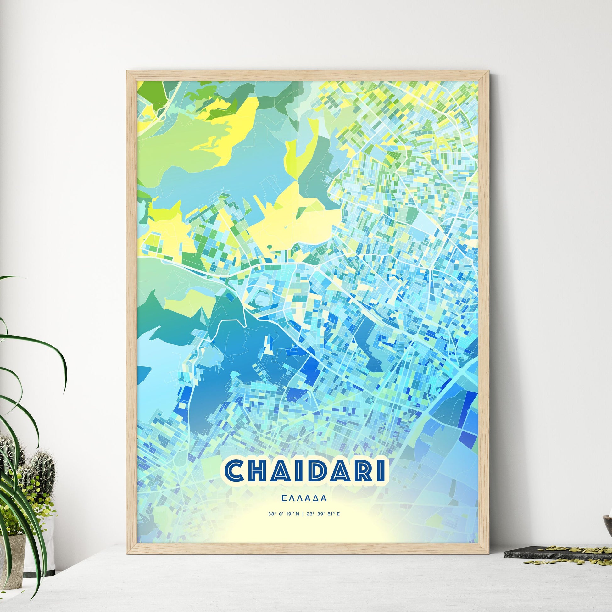 Colorful CHAIDARI GREECE Fine Art Map Cool Blue