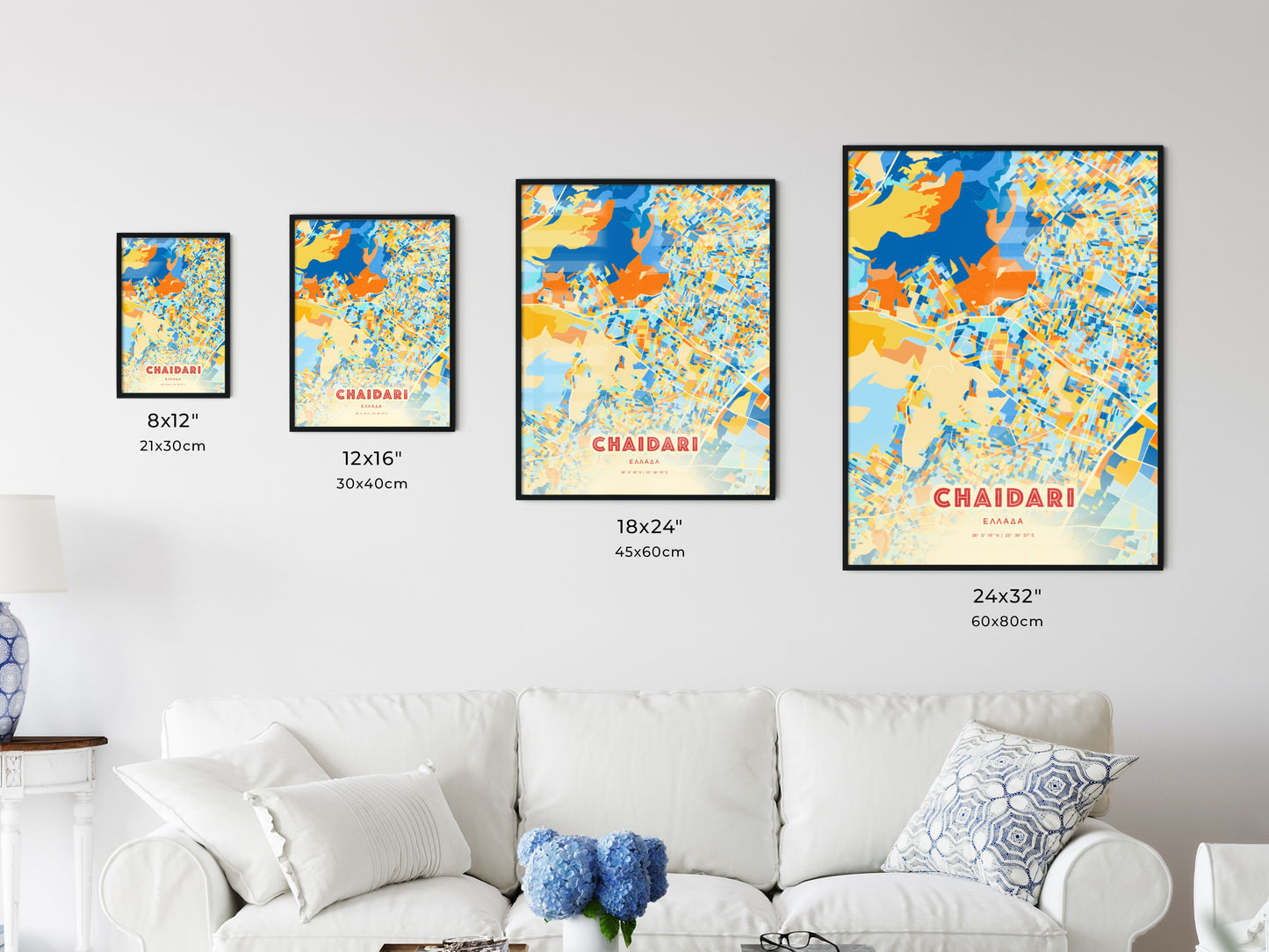 Colorful CHAIDARI GREECE Fine Art Map Blue Orange