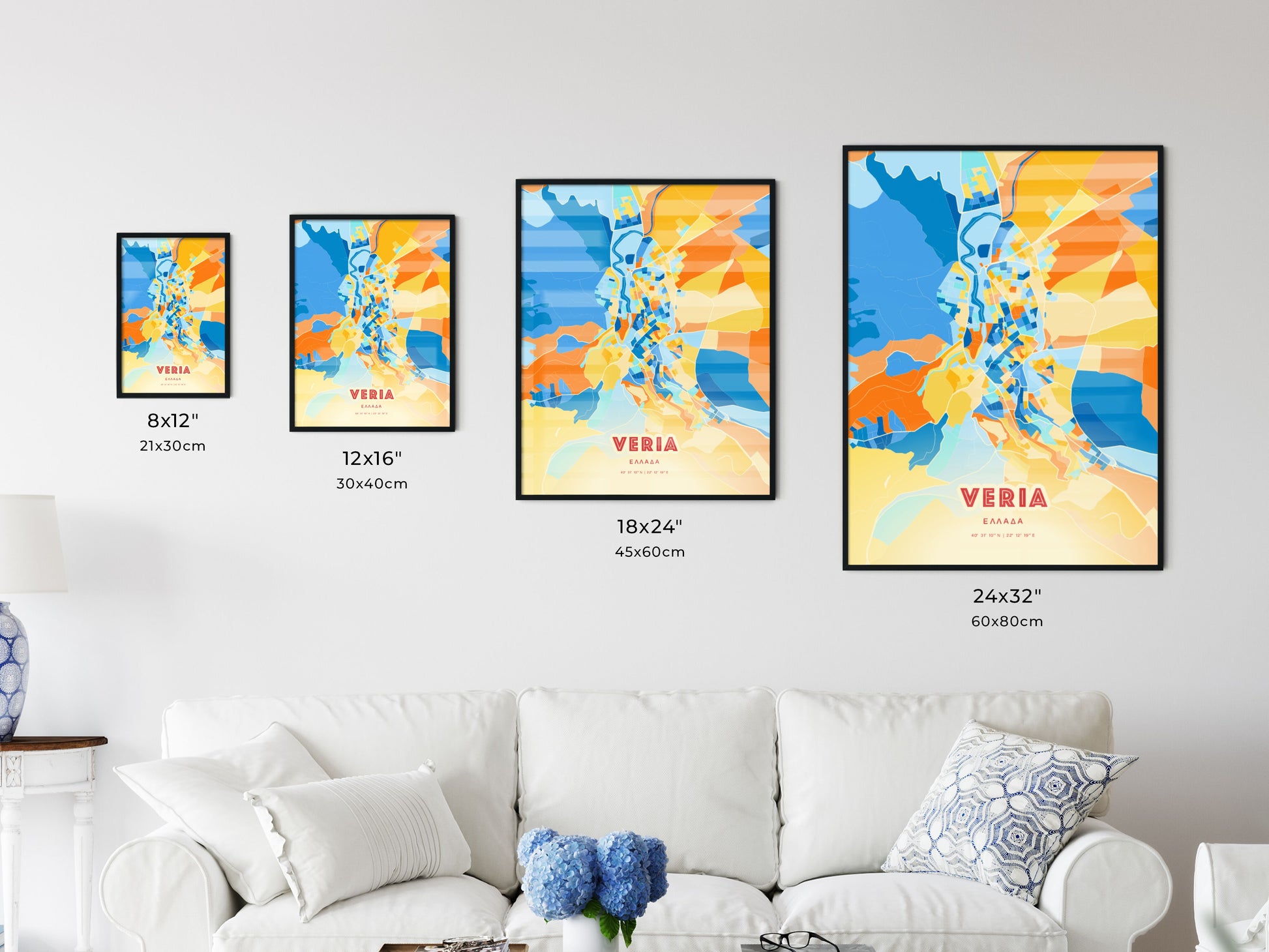 Colorful VERIA GREECE Fine Art Map Blue Orange