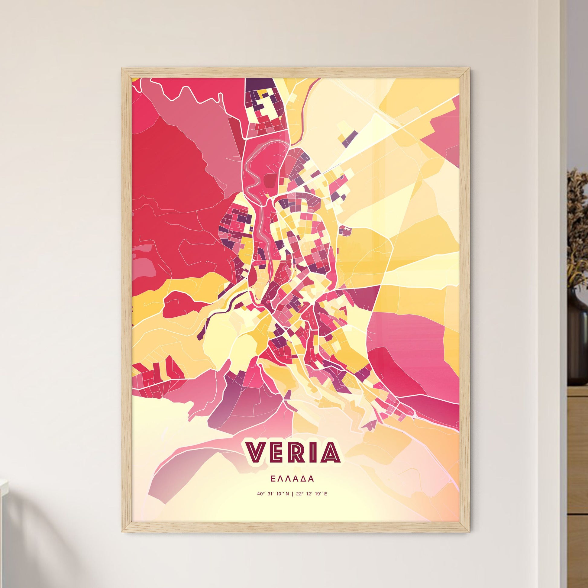 Colorful VERIA GREECE Fine Art Map Hot Red