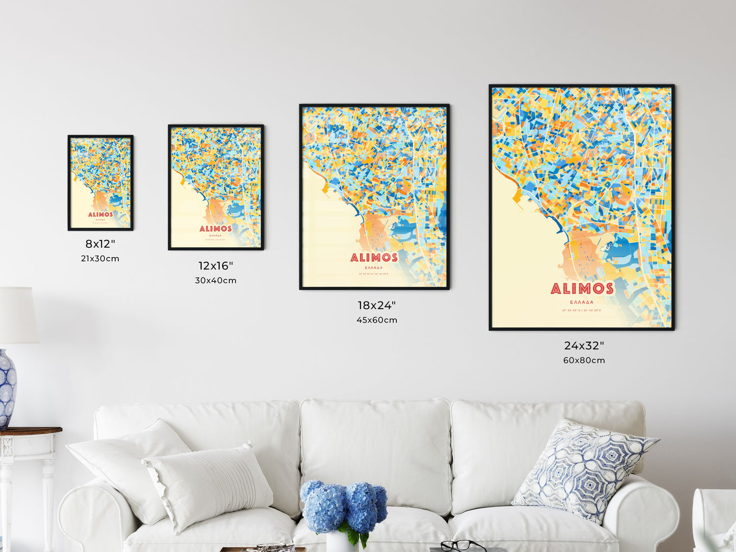 Colorful ALIMOS GREECE Fine Art Map Blue Orange