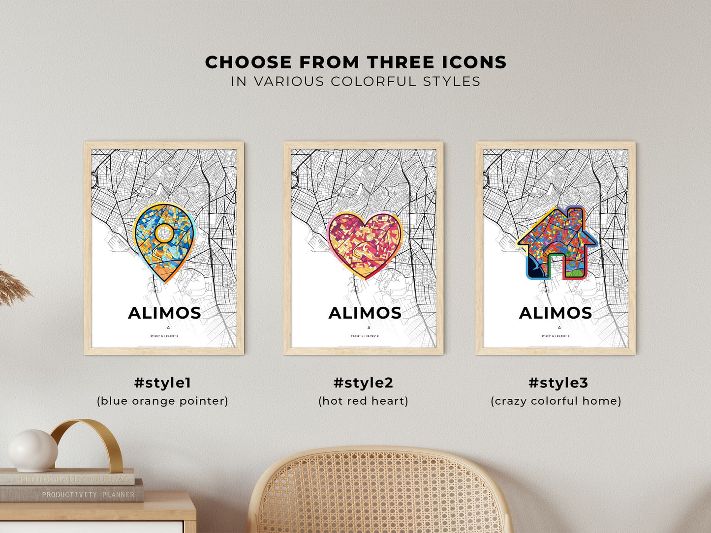 Alimos Greece maps with colorful icons