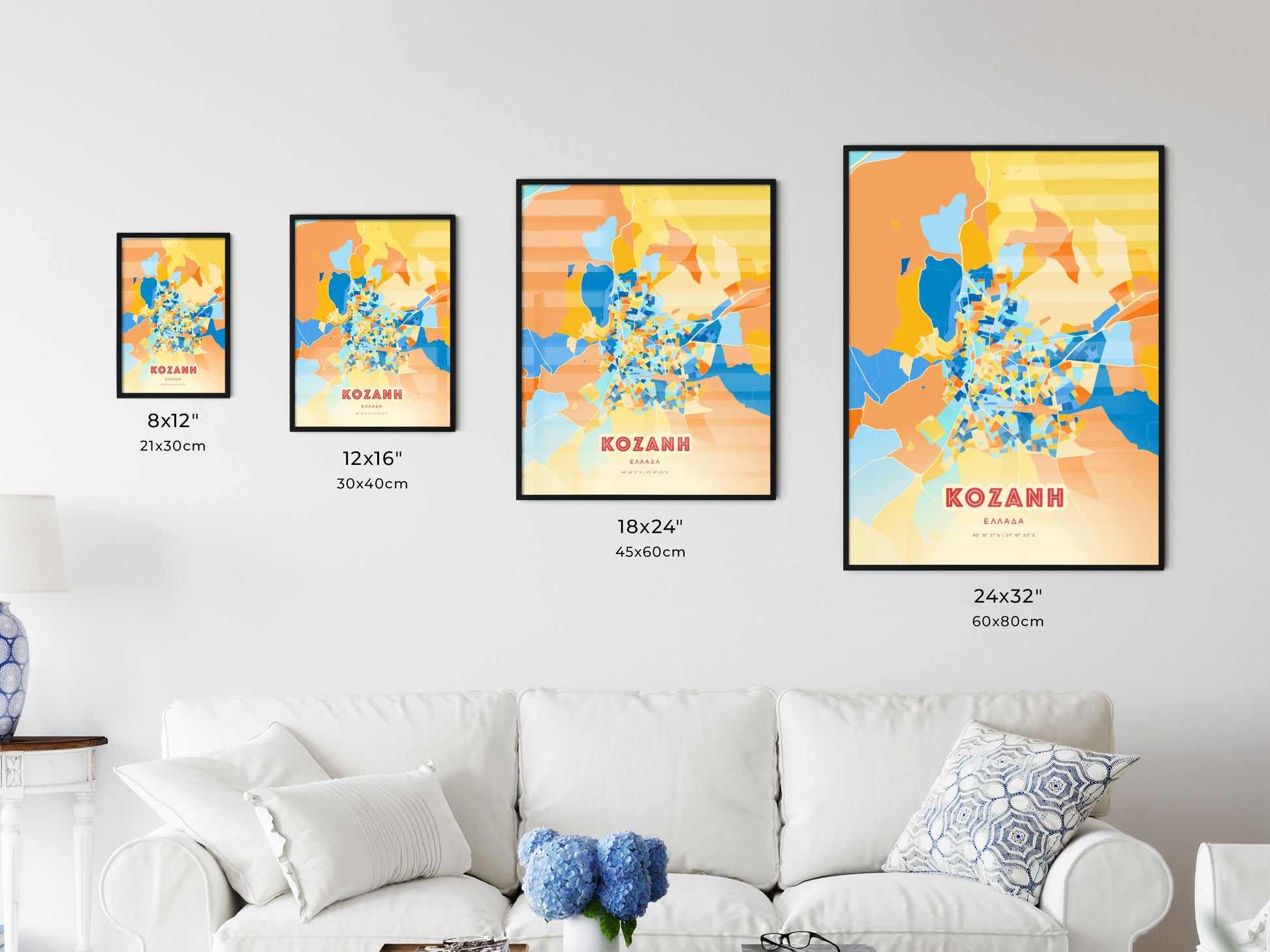 Colorful KOZANI GREECE Fine Art Map Blue Orange