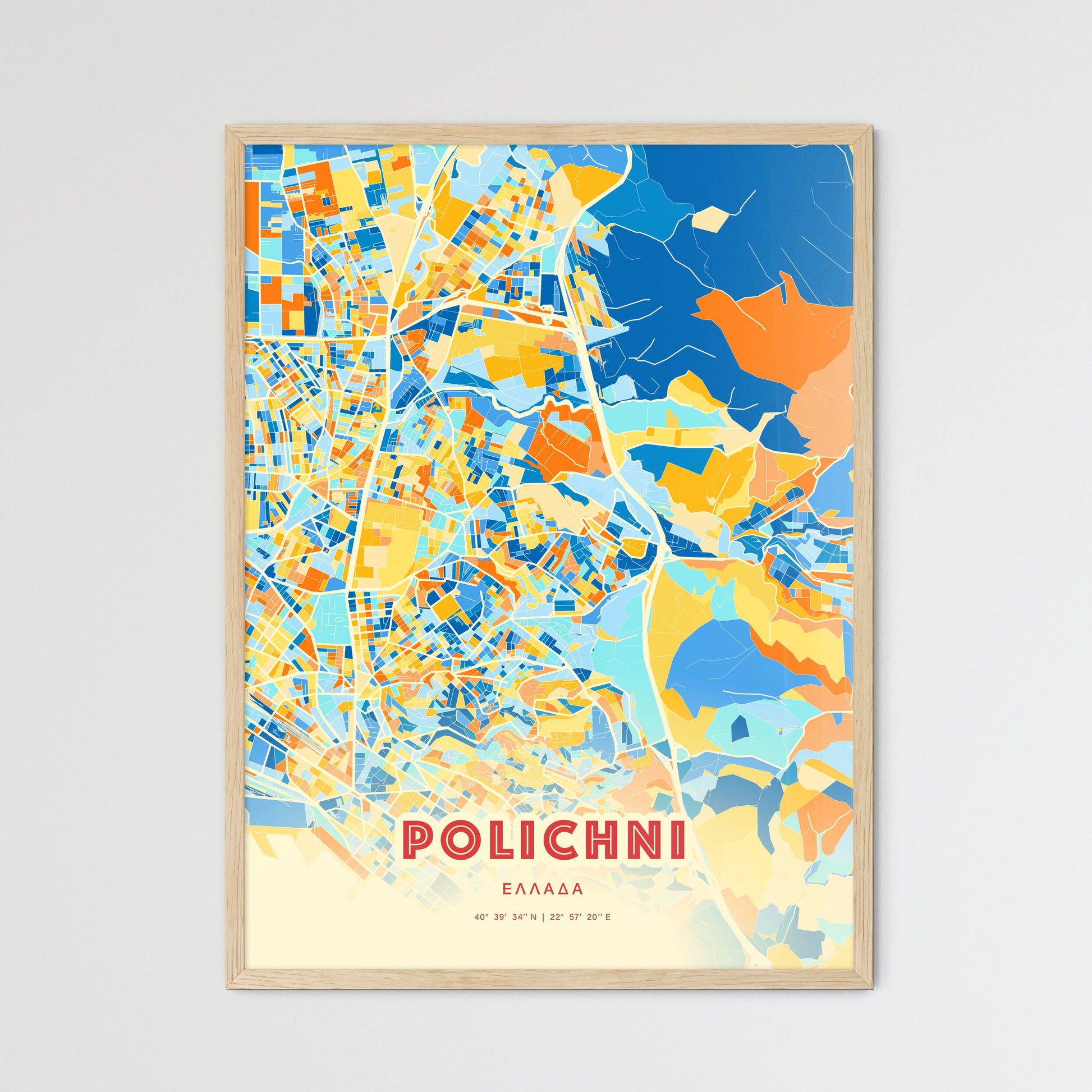 Colorful POLICHNI GREECE Fine Art Map Blue Orange