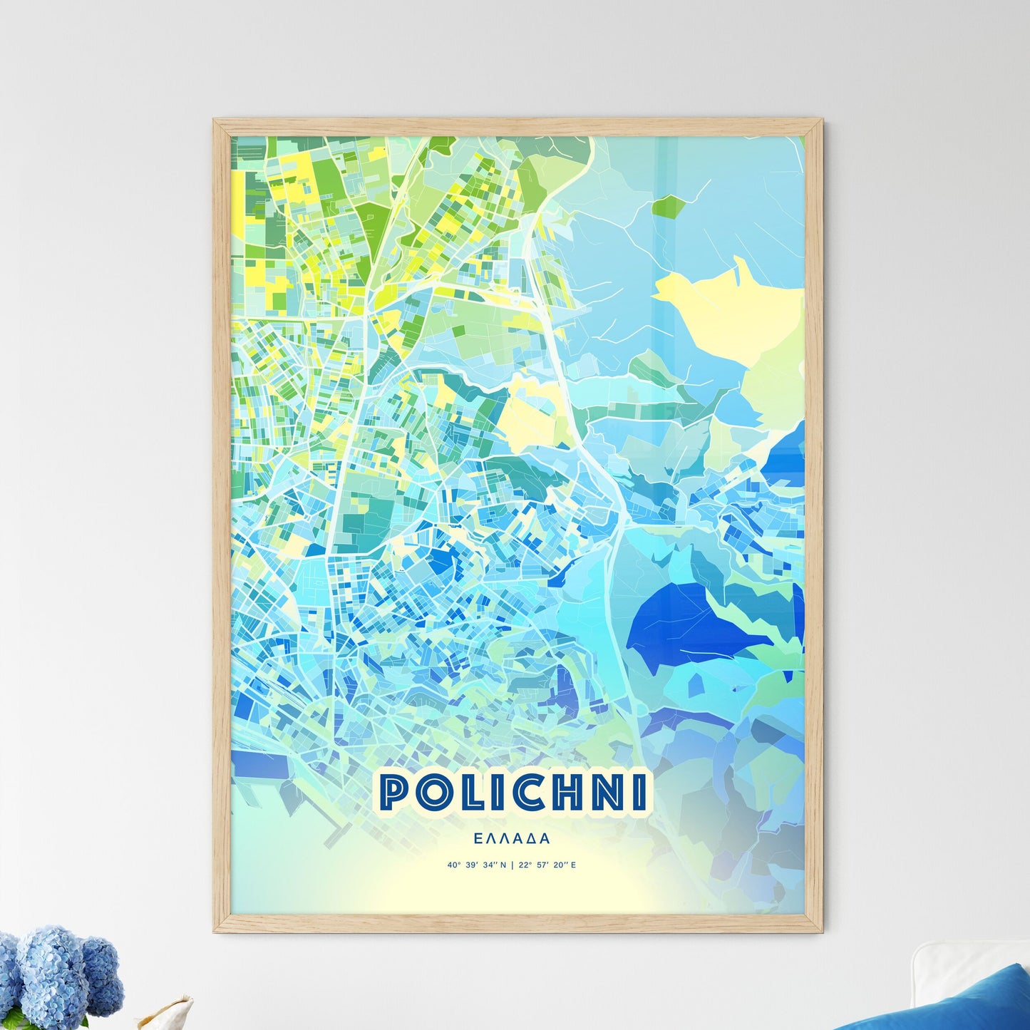 Colorful POLICHNI GREECE Fine Art Map Cool Blue