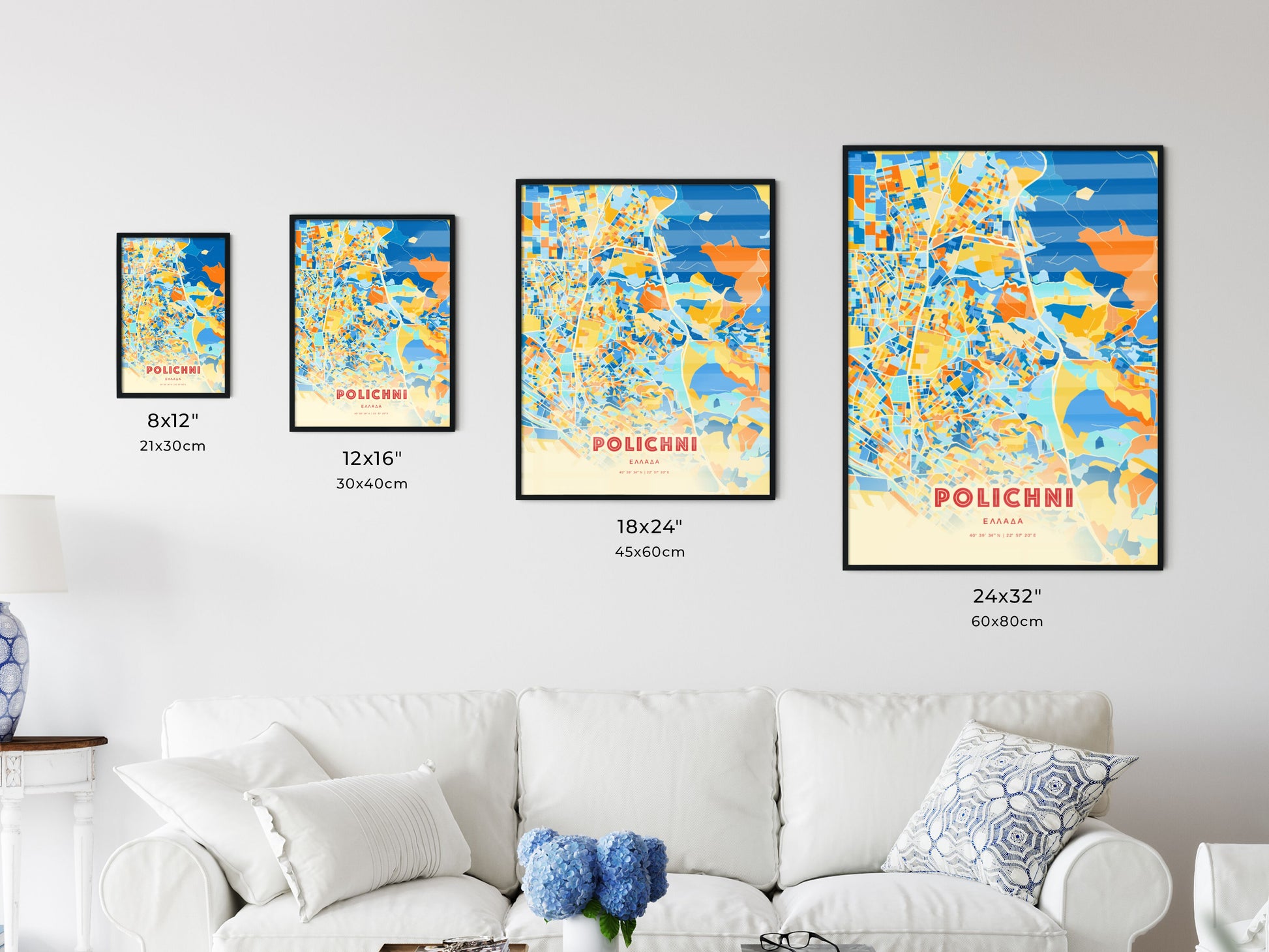 Colorful POLICHNI GREECE Fine Art Map Blue Orange