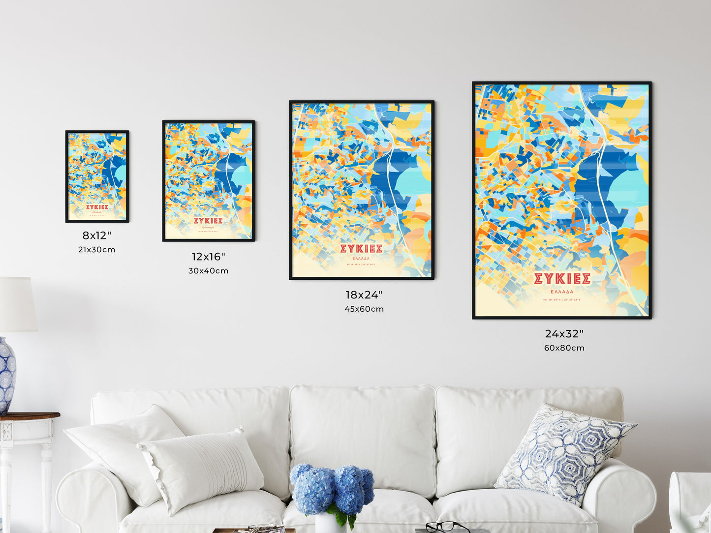 Colorful SYKIES GREECE Fine Art Map Blue Orange