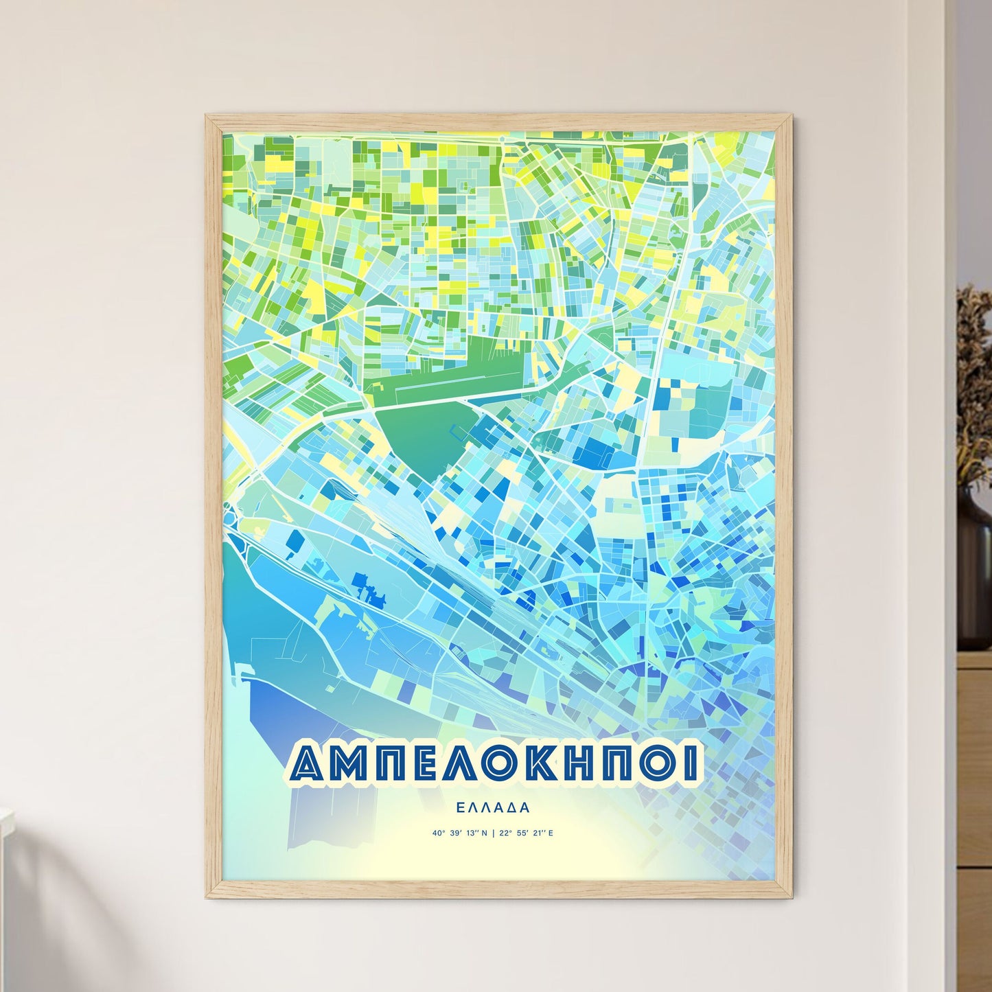 Colorful AMPELOKIPOI GREECE Fine Art Map Cool Blue