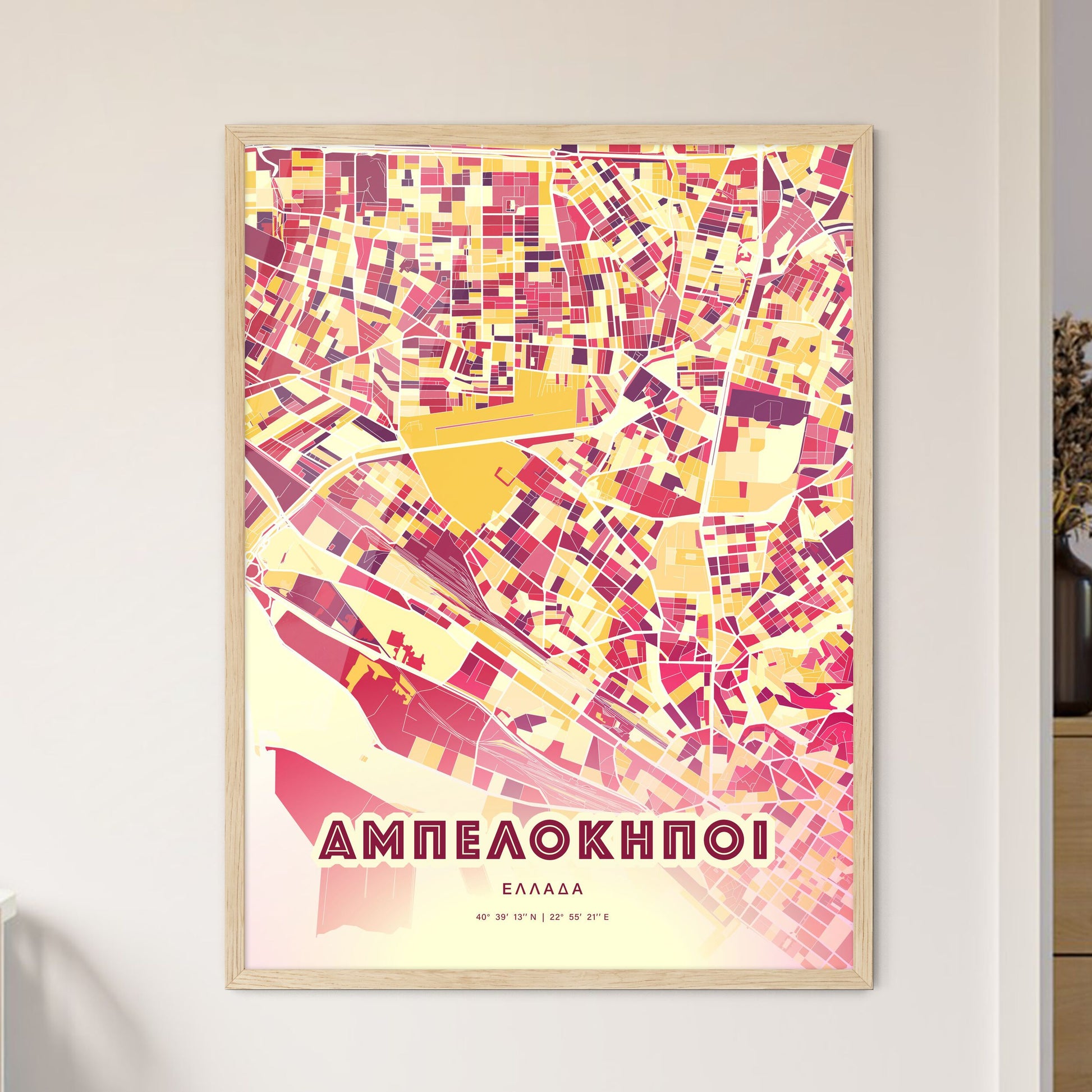 Colorful AMPELOKIPOI GREECE Fine Art Map Hot Red