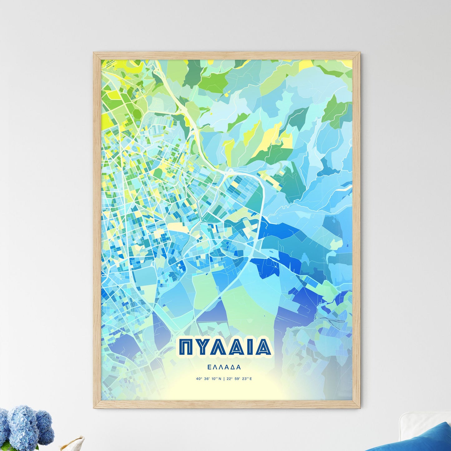 Colorful PYLAIA GREECE Fine Art Map Cool Blue