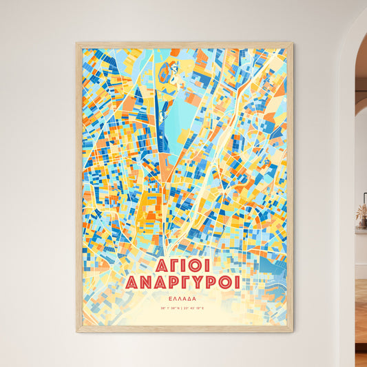 Colorful AGIOI ANARGYROI GREECE Fine Art Map Blue Orange