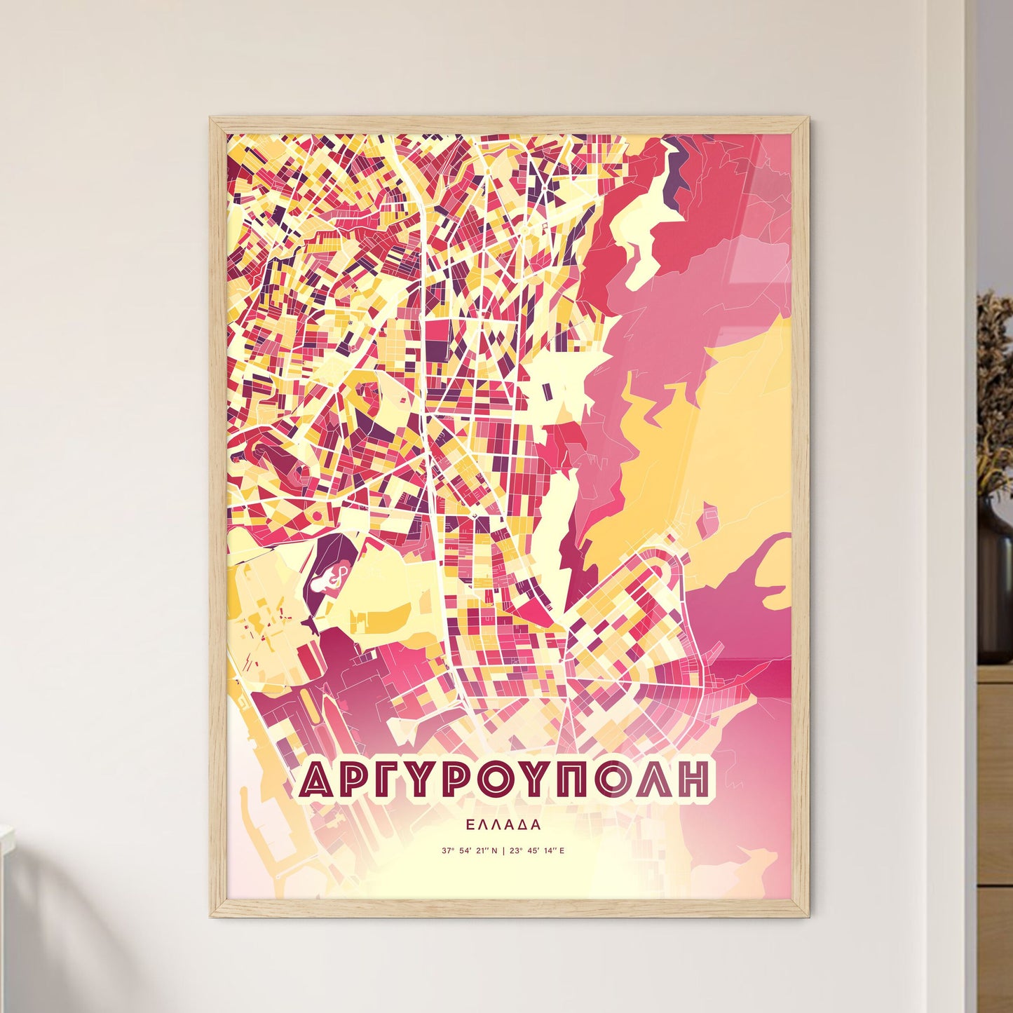 Colorful ARGYROUPOLI GREECE Fine Art Map Hot Red