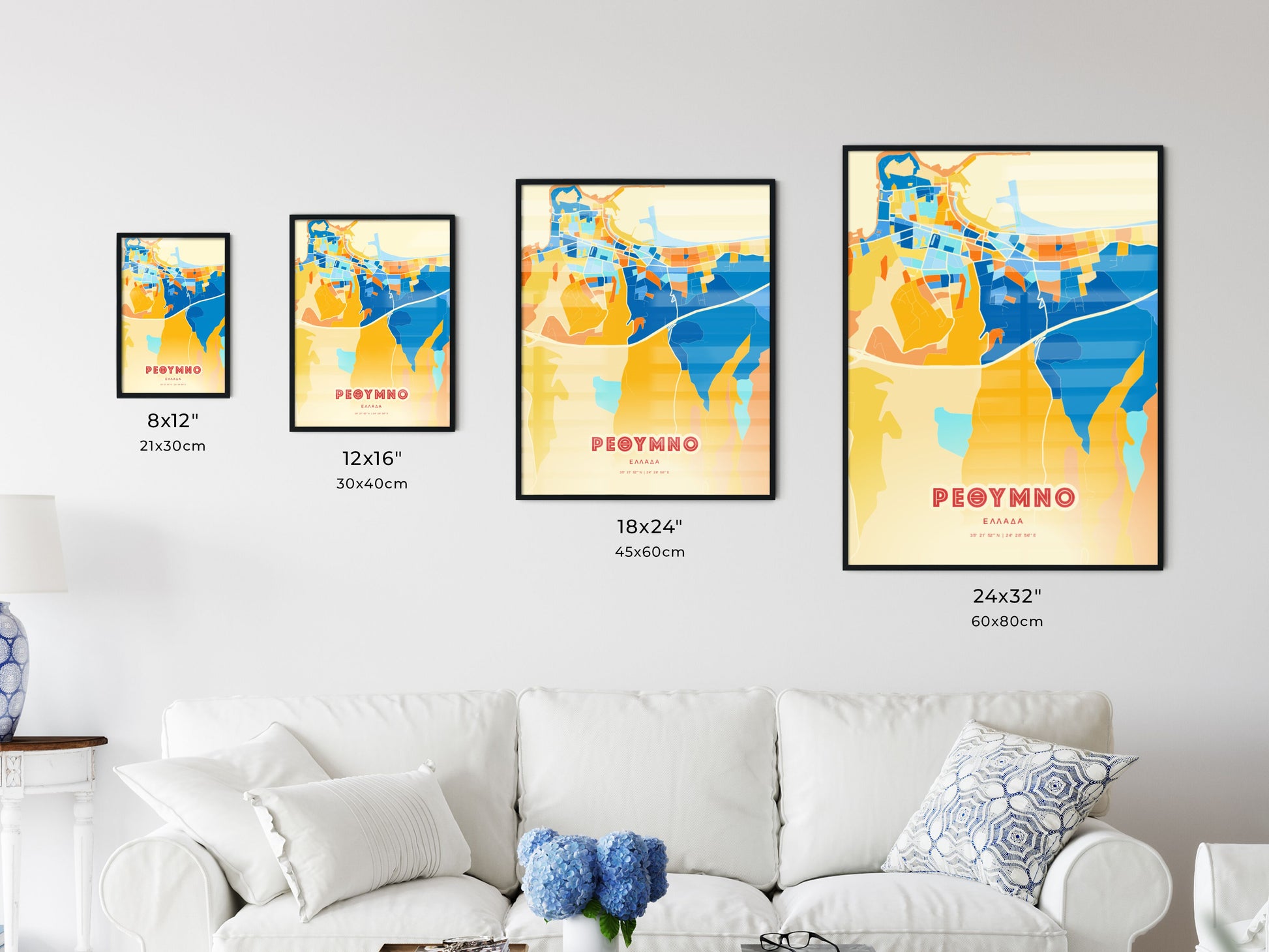 Colorful RETHYMNO GREECE Fine Art Map Blue Orange