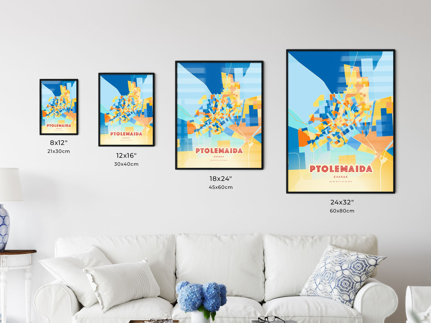 Colorful PTOLEMAIDA GREECE Fine Art Map Blue Orange