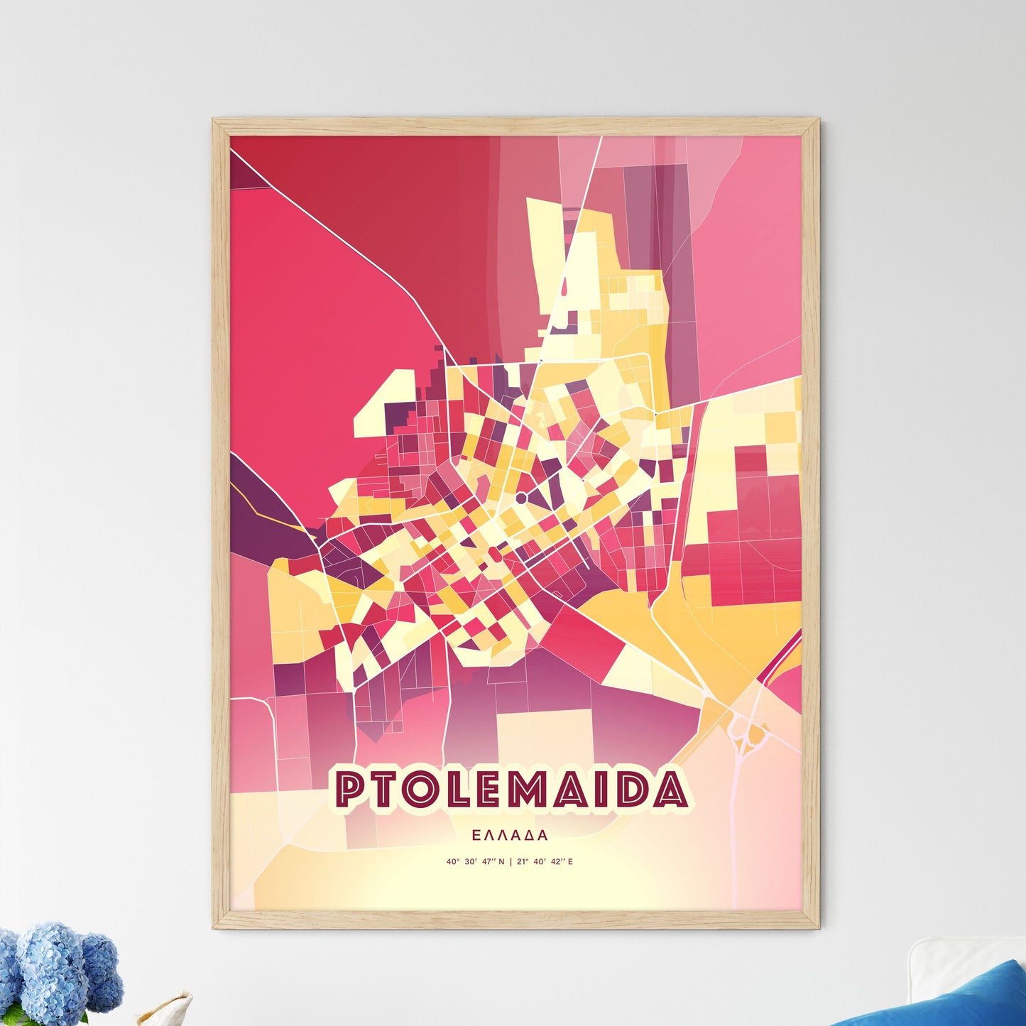 Colorful PTOLEMAIDA GREECE Fine Art Map Hot Red