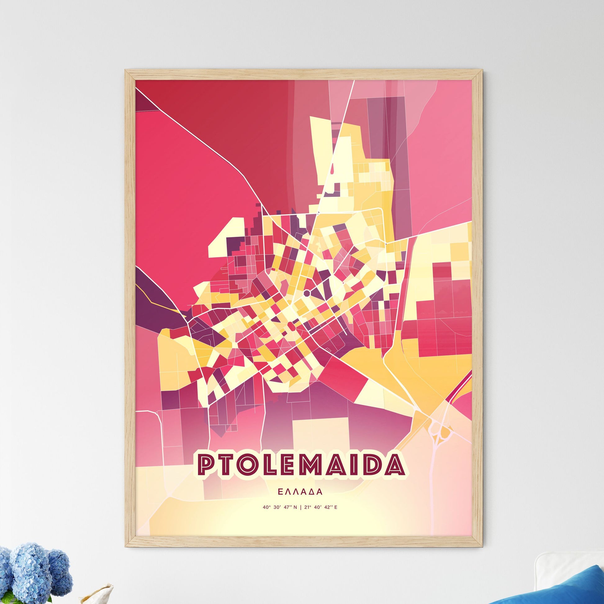 Colorful PTOLEMAIDA GREECE Fine Art Map Hot Red