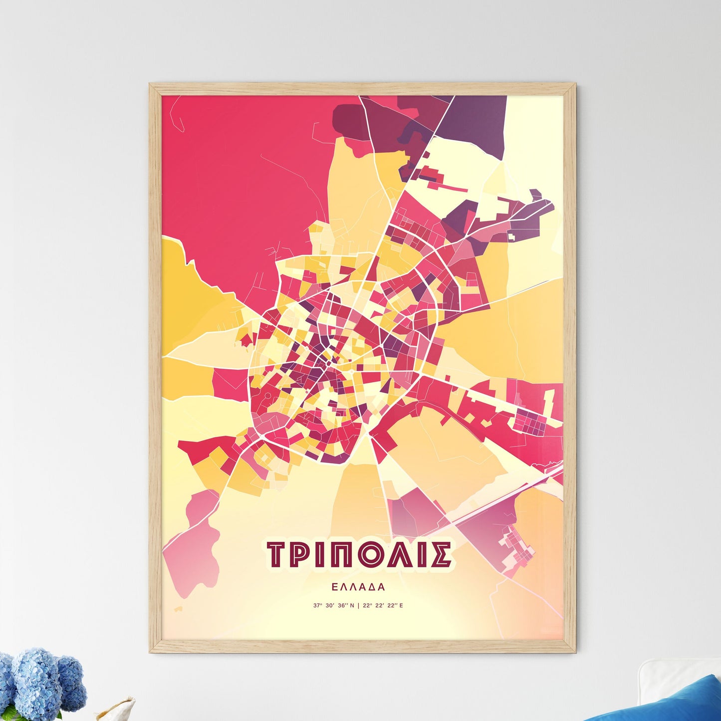 Colorful TRIPOLI GREECE Fine Art Map Hot Red