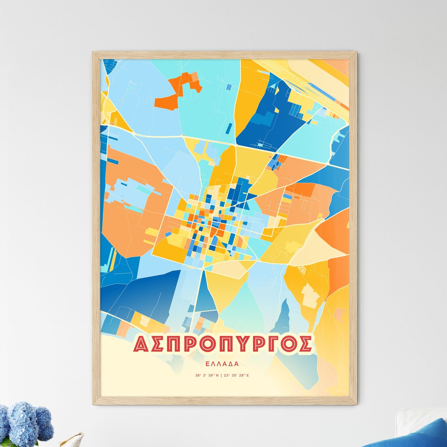 Colorful ASPROPYRGOS GREECE Fine Art Map Blue Orange