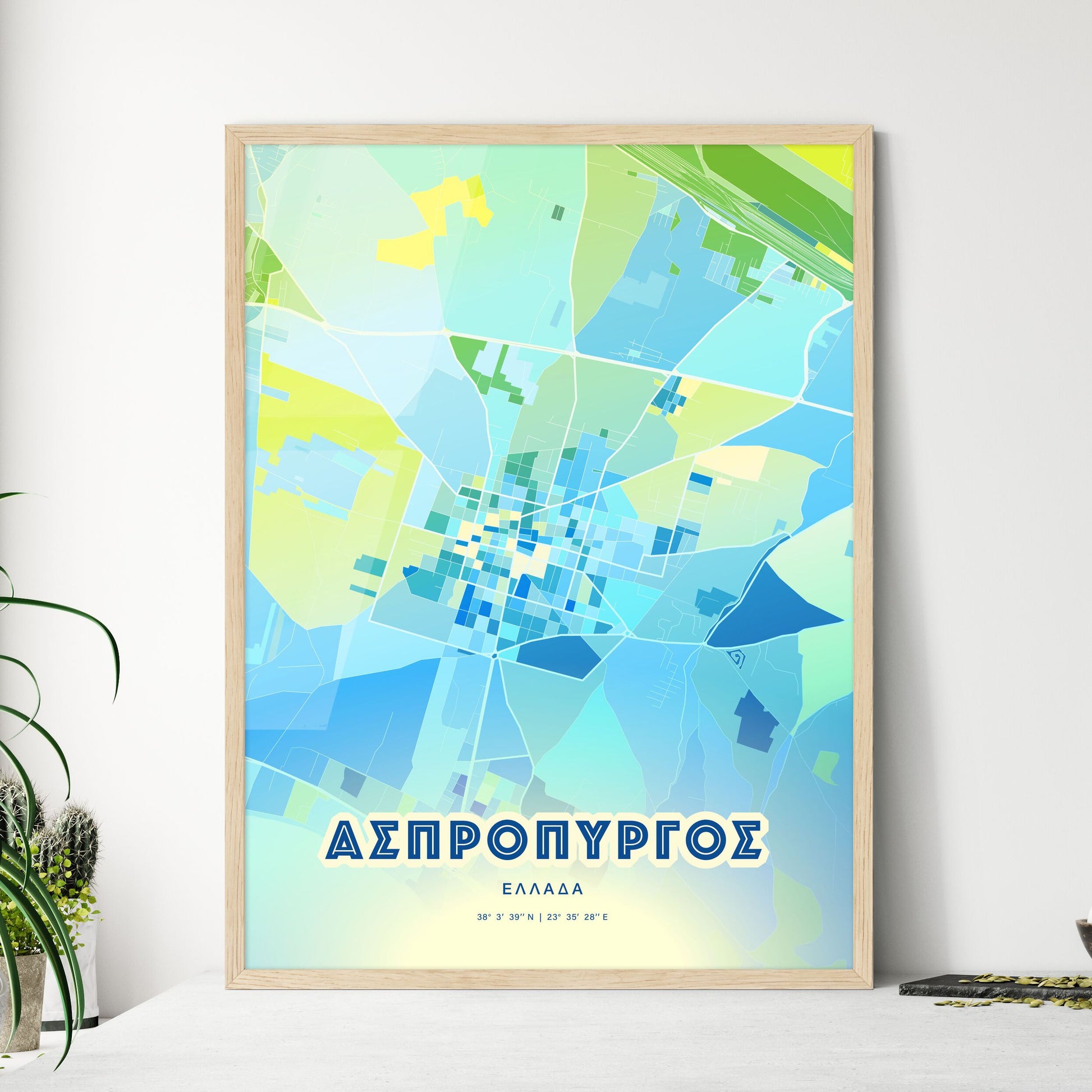 Colorful ASPROPYRGOS GREECE Fine Art Map Cool Blue