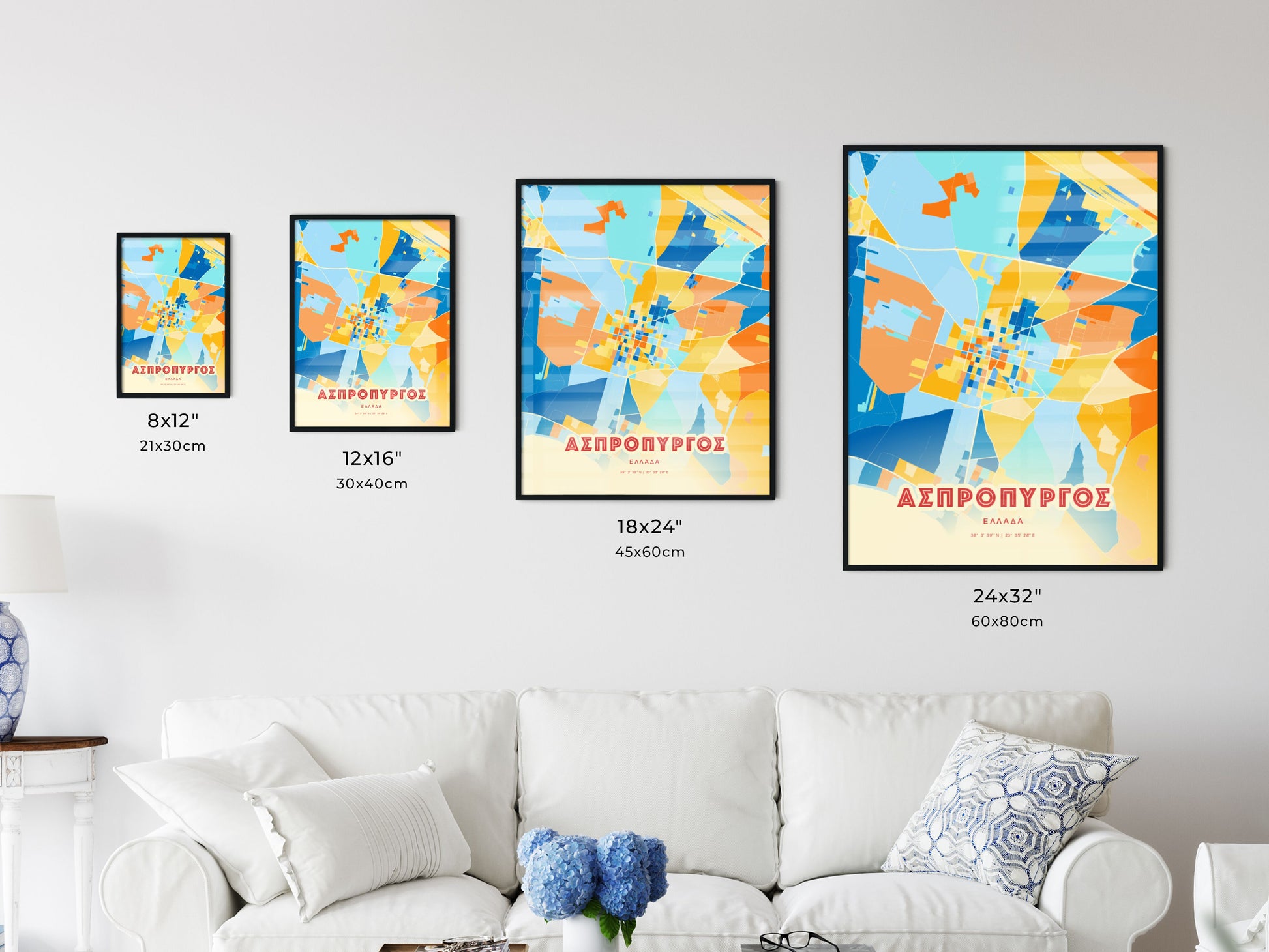 Colorful ASPROPYRGOS GREECE Fine Art Map Blue Orange