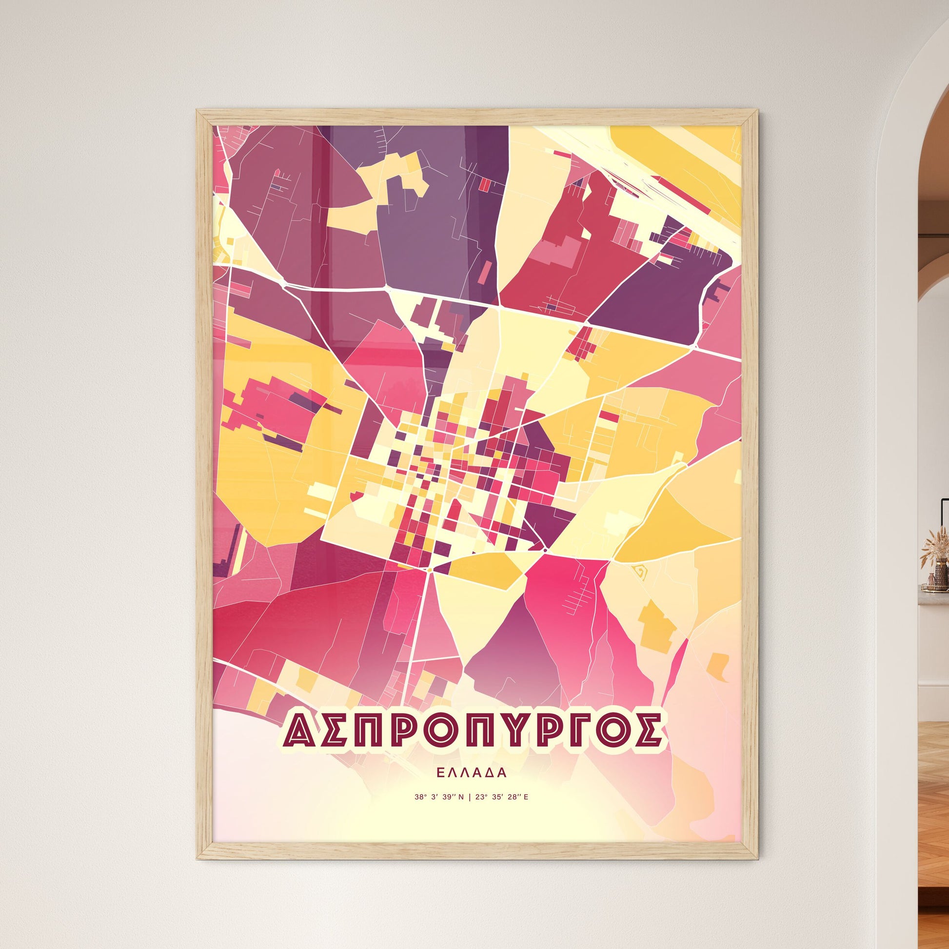 Colorful ASPROPYRGOS GREECE Fine Art Map Hot Red