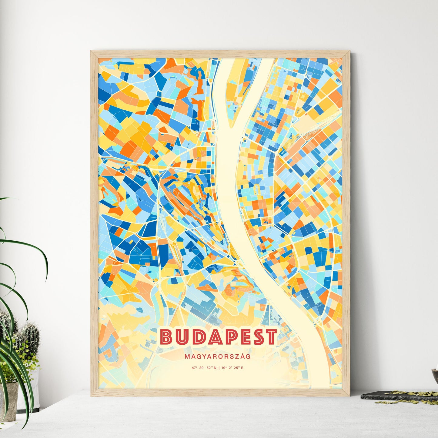 Colorful Budapest Hungary Fine Art Map Blue Orange