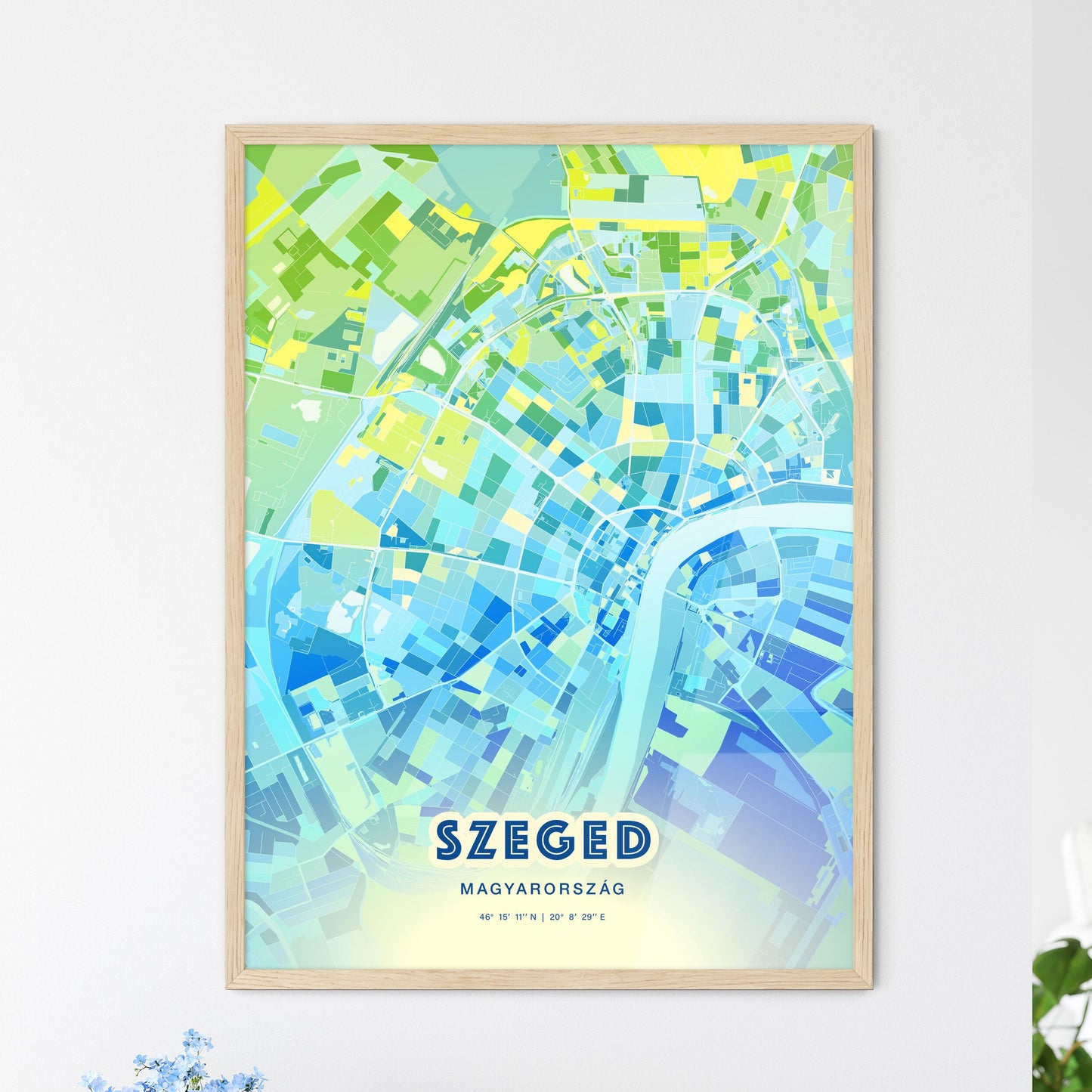 Colorful SZEGED HUNGARY Fine Art Map Cool Blue