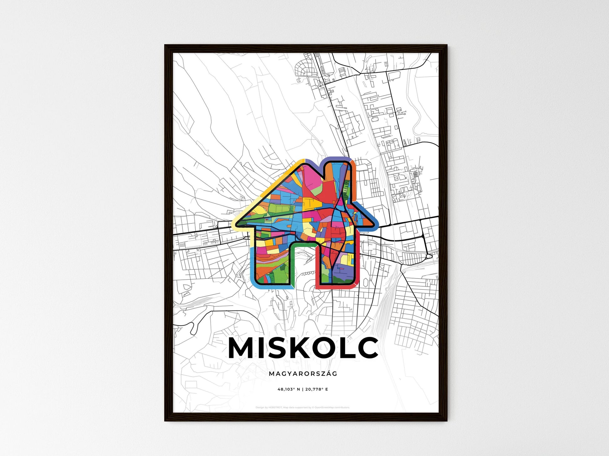 MISKOLC HUNGARY minimal art map with a colorful icon. Where it all began, Couple map gift. Style 3