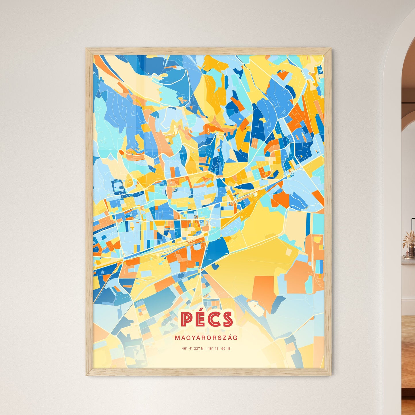 Colorful PÉCS HUNGARY Fine Art Map Blue Orange