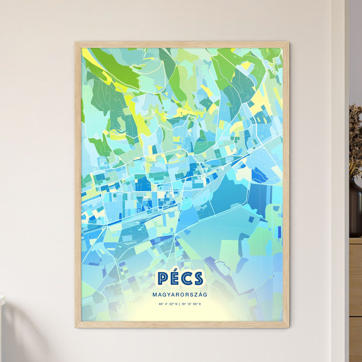 Colorful PÉCS HUNGARY Fine Art Map Cool Blue