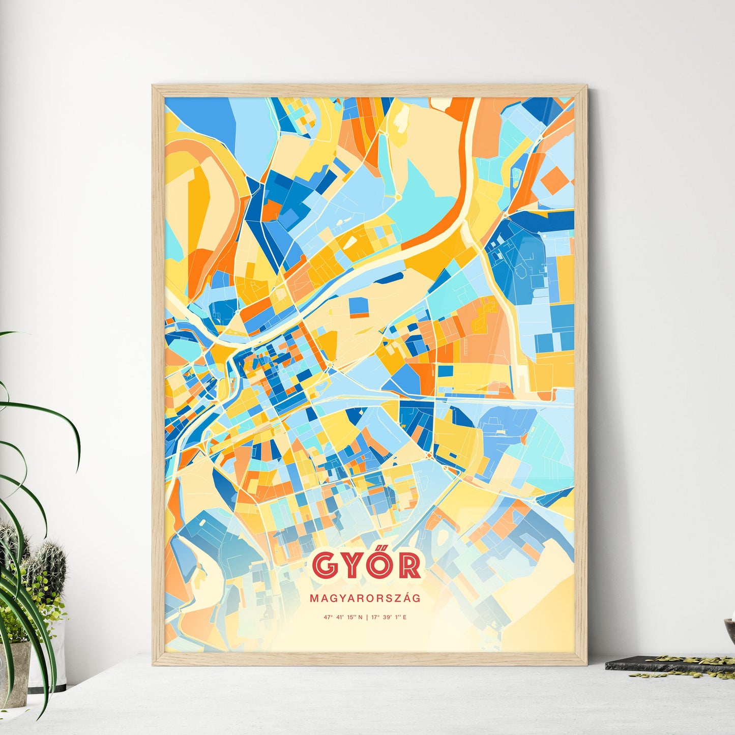 Colorful GYŐR HUNGARY Fine Art Map Blue Orange