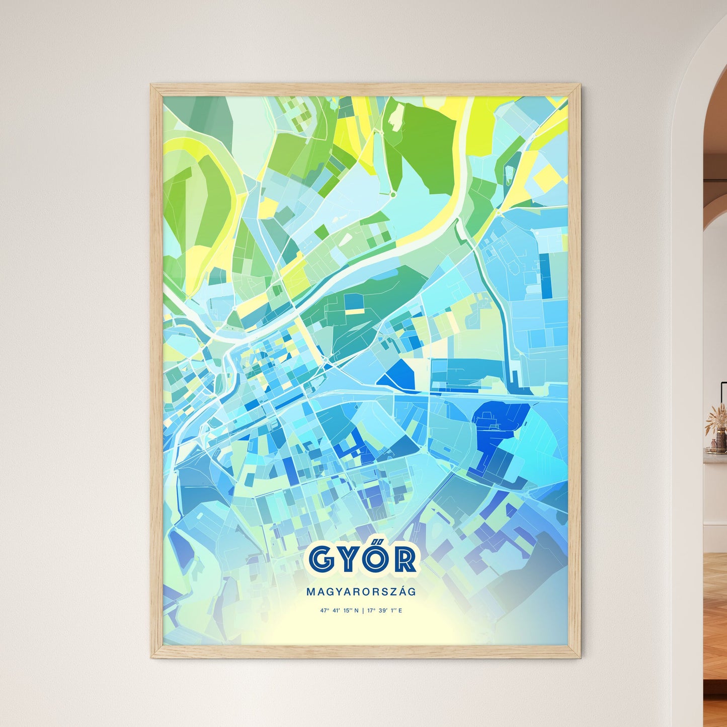 Colorful GYŐR HUNGARY Fine Art Map Cool Blue