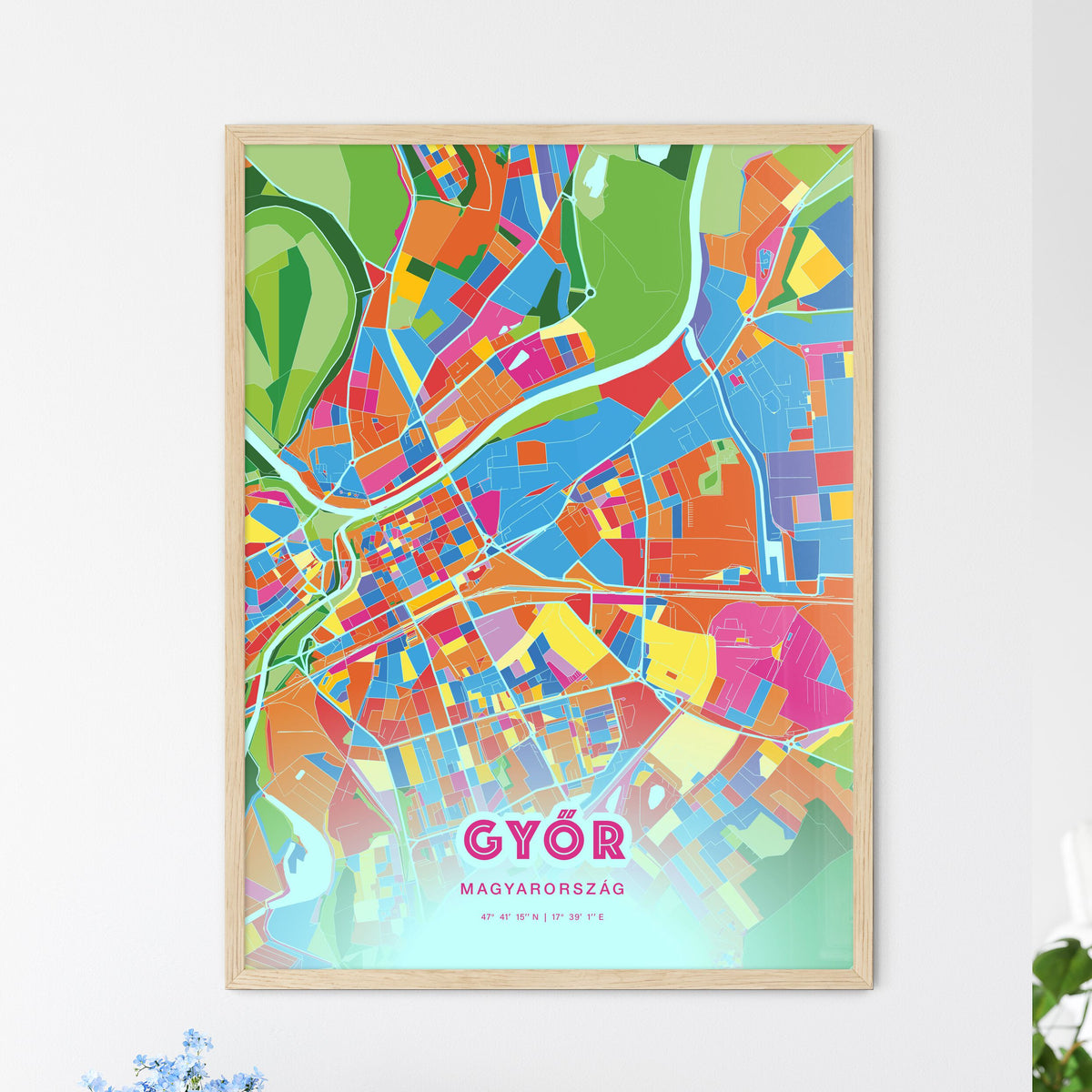 Colorful GYŐR HUNGARY Fine Art Map Crazy Colors