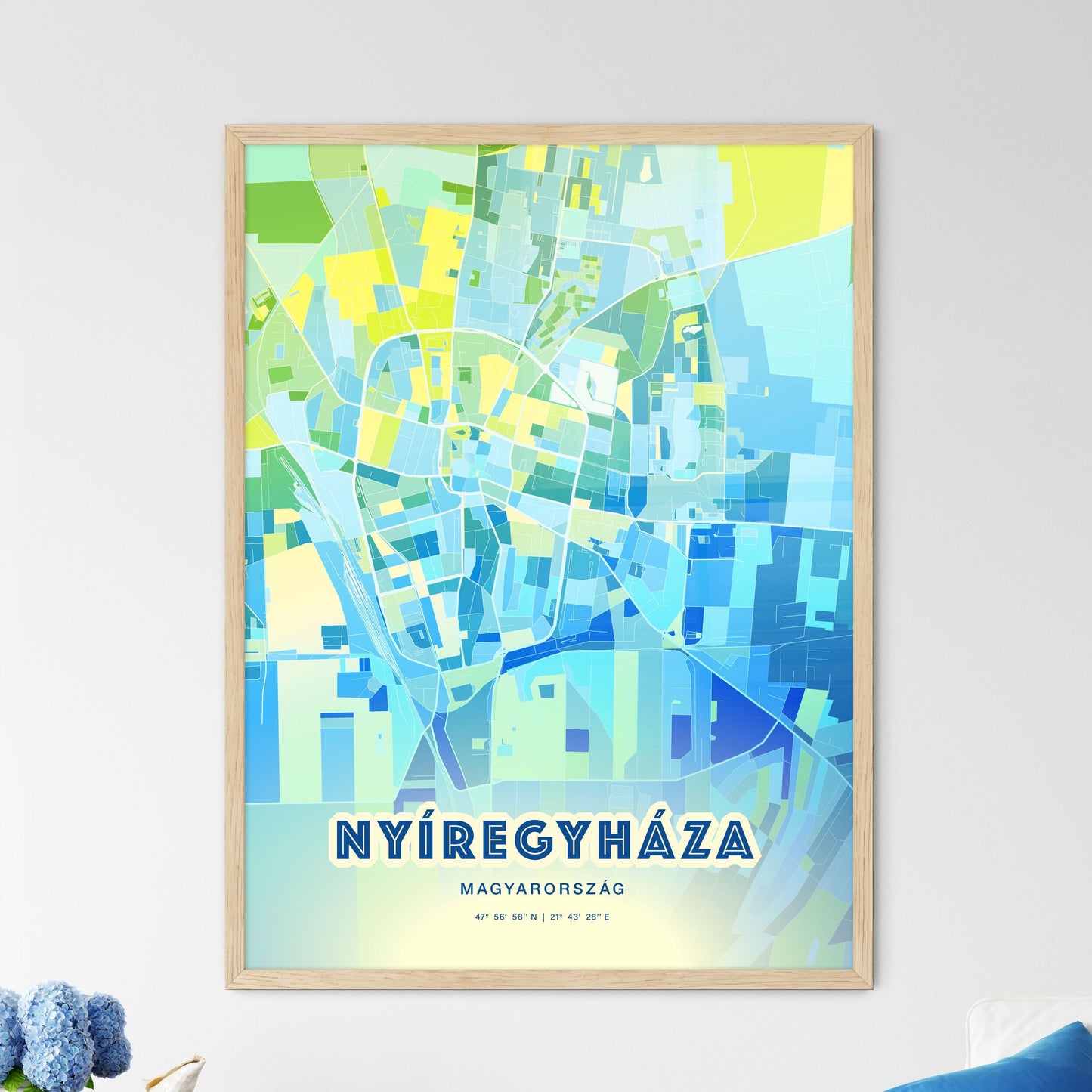 Colorful NYÍREGYHÁZA HUNGARY Fine Art Map Cool Blue