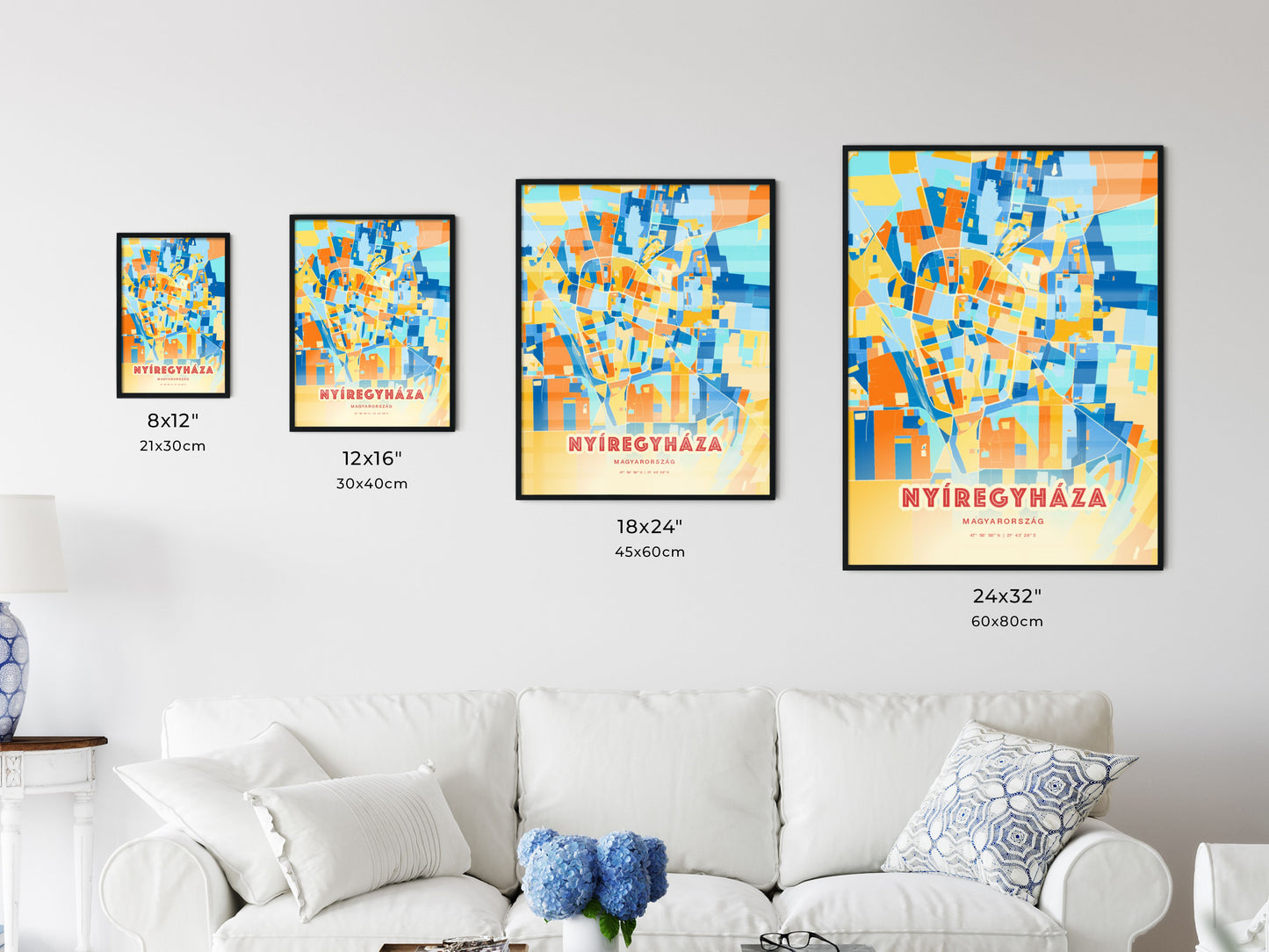 Colorful NYÍREGYHÁZA HUNGARY Fine Art Map Blue Orange