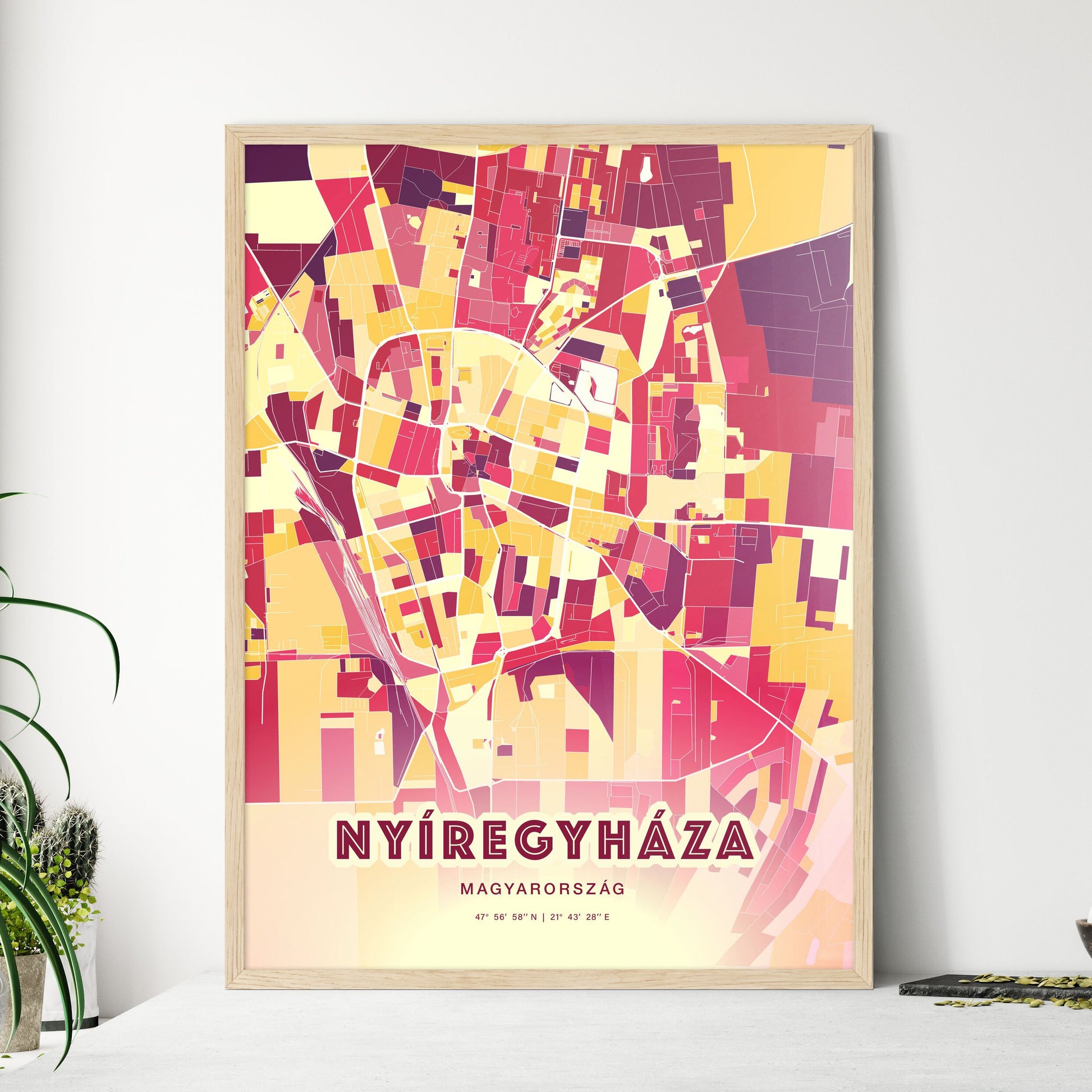 Colorful NYÍREGYHÁZA HUNGARY Fine Art Map Hot Red