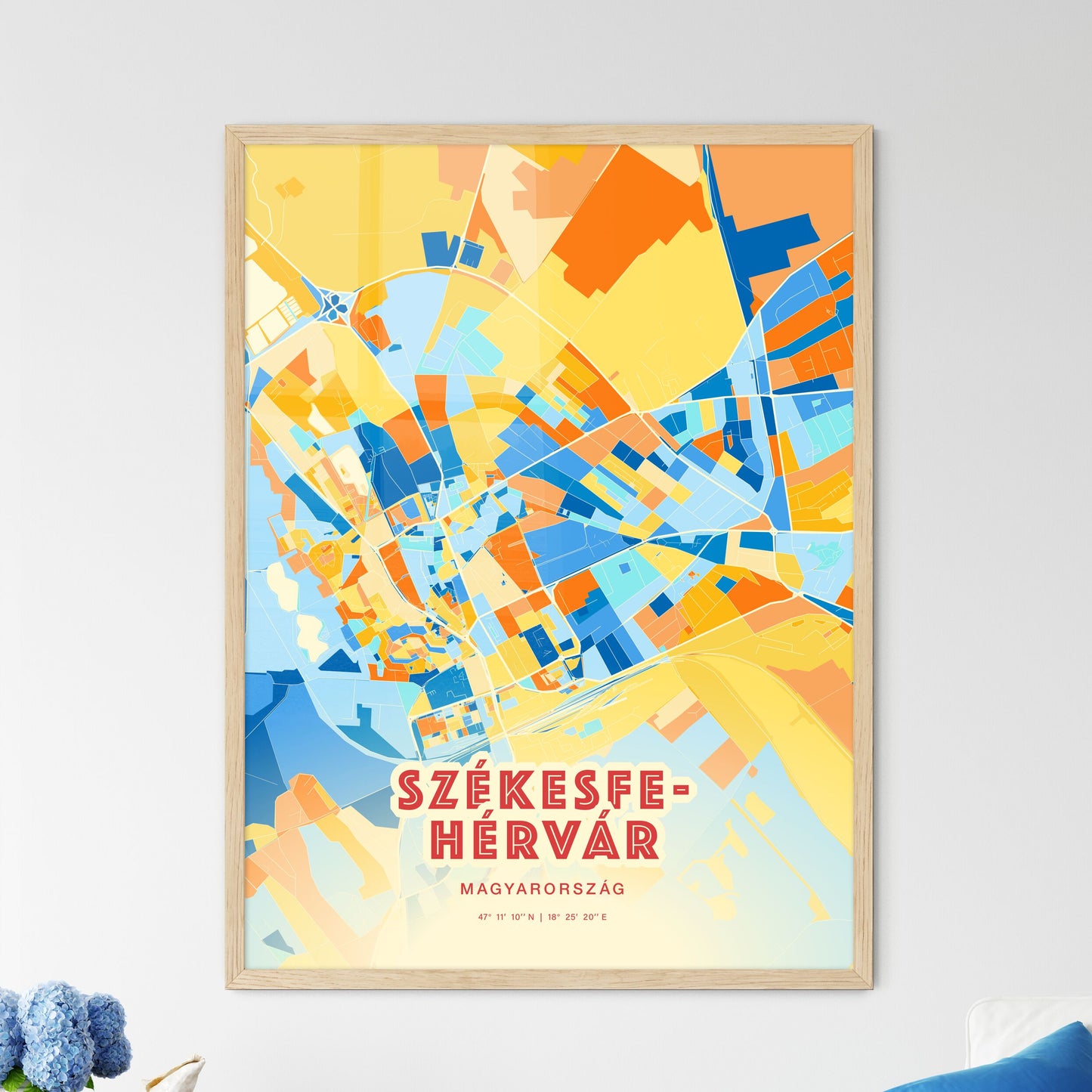 Colorful SZÉKESFEHÉRVÁR HUNGARY Fine Art Map Blue Orange