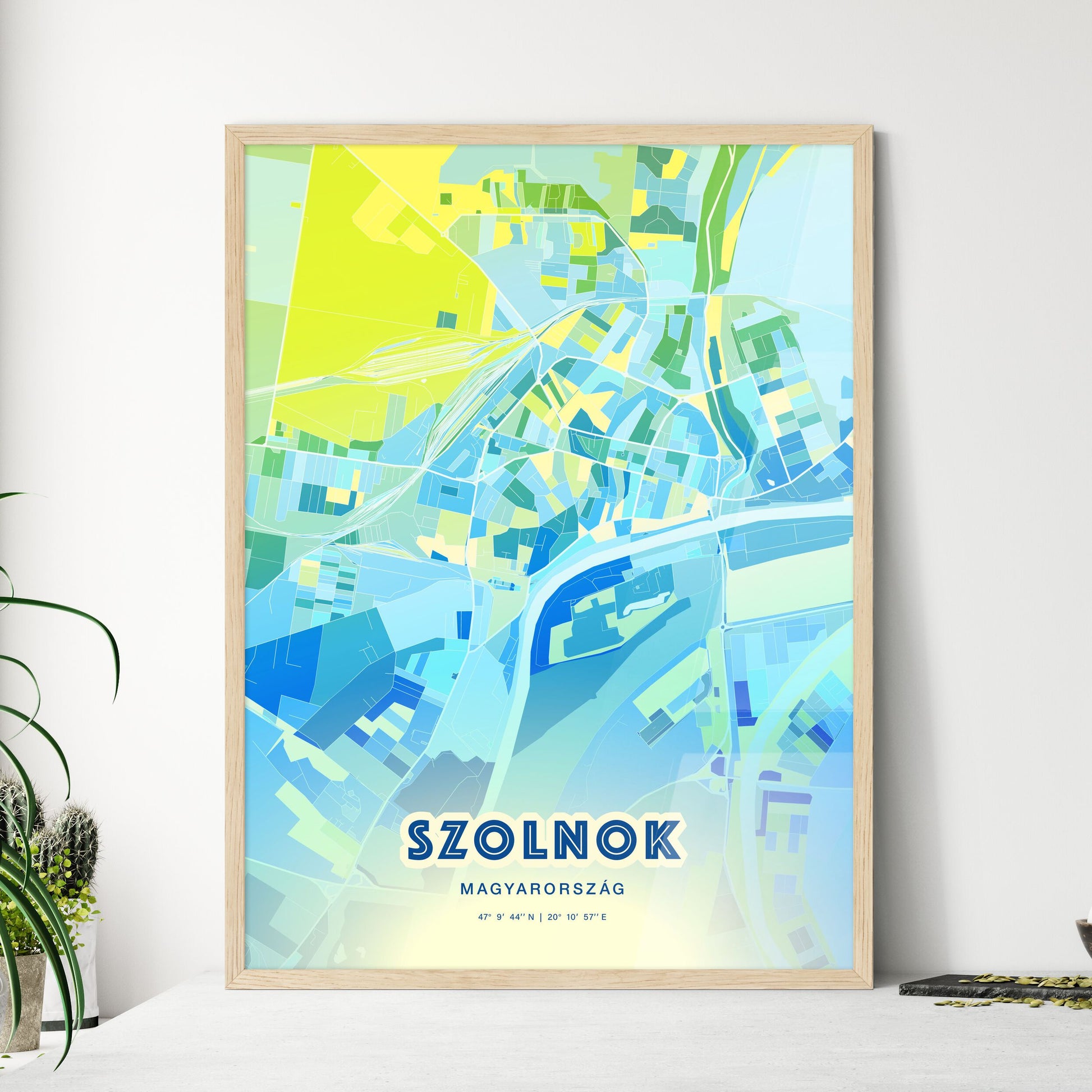 Colorful SZOLNOK HUNGARY Fine Art Map Cool Blue