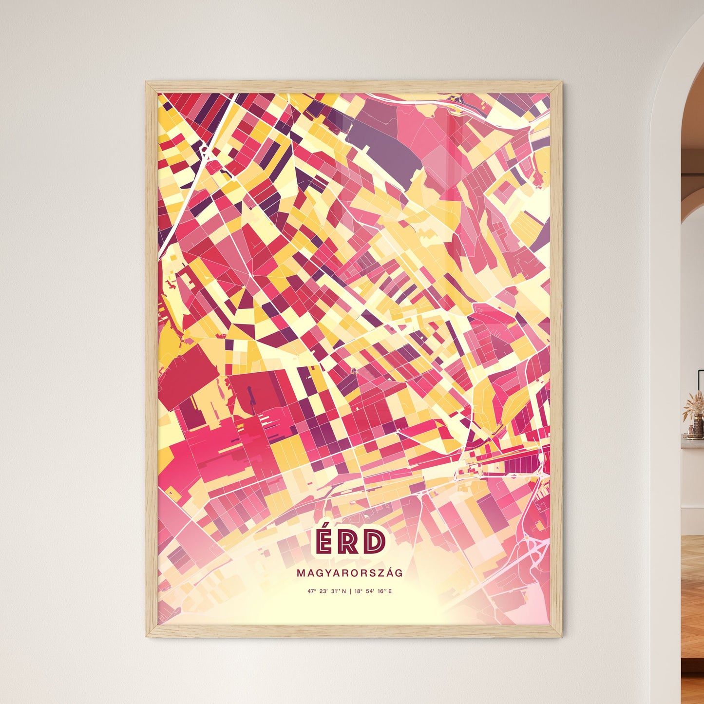 Colorful ÉRD HUNGARY Fine Art Map Hot Red