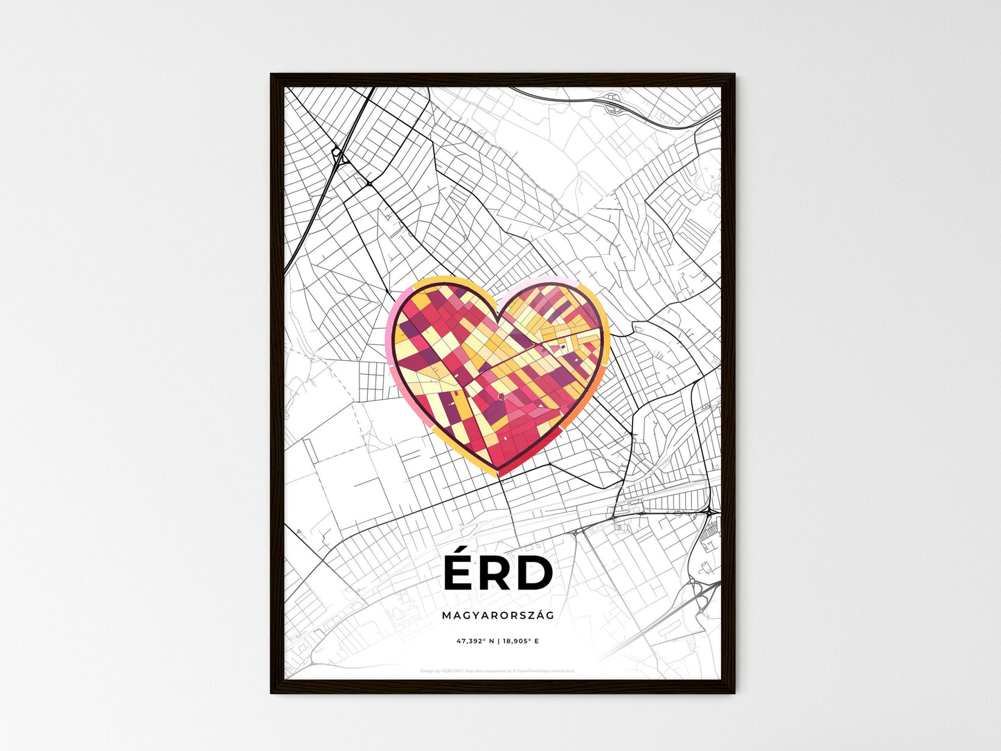 Érd Hungary wedding art map with heart icon
