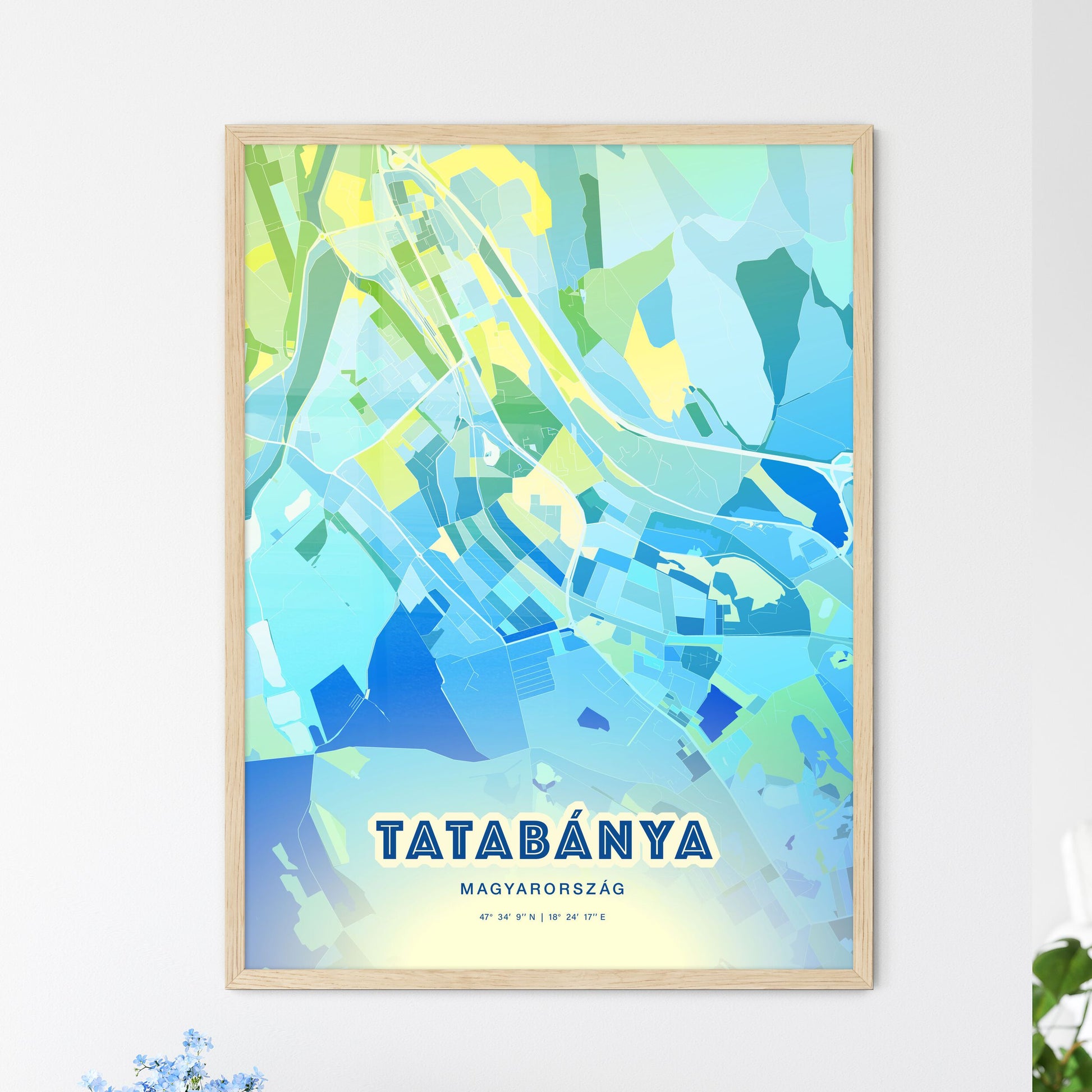 Colorful TATABÁNYA HUNGARY Fine Art Map Cool Blue